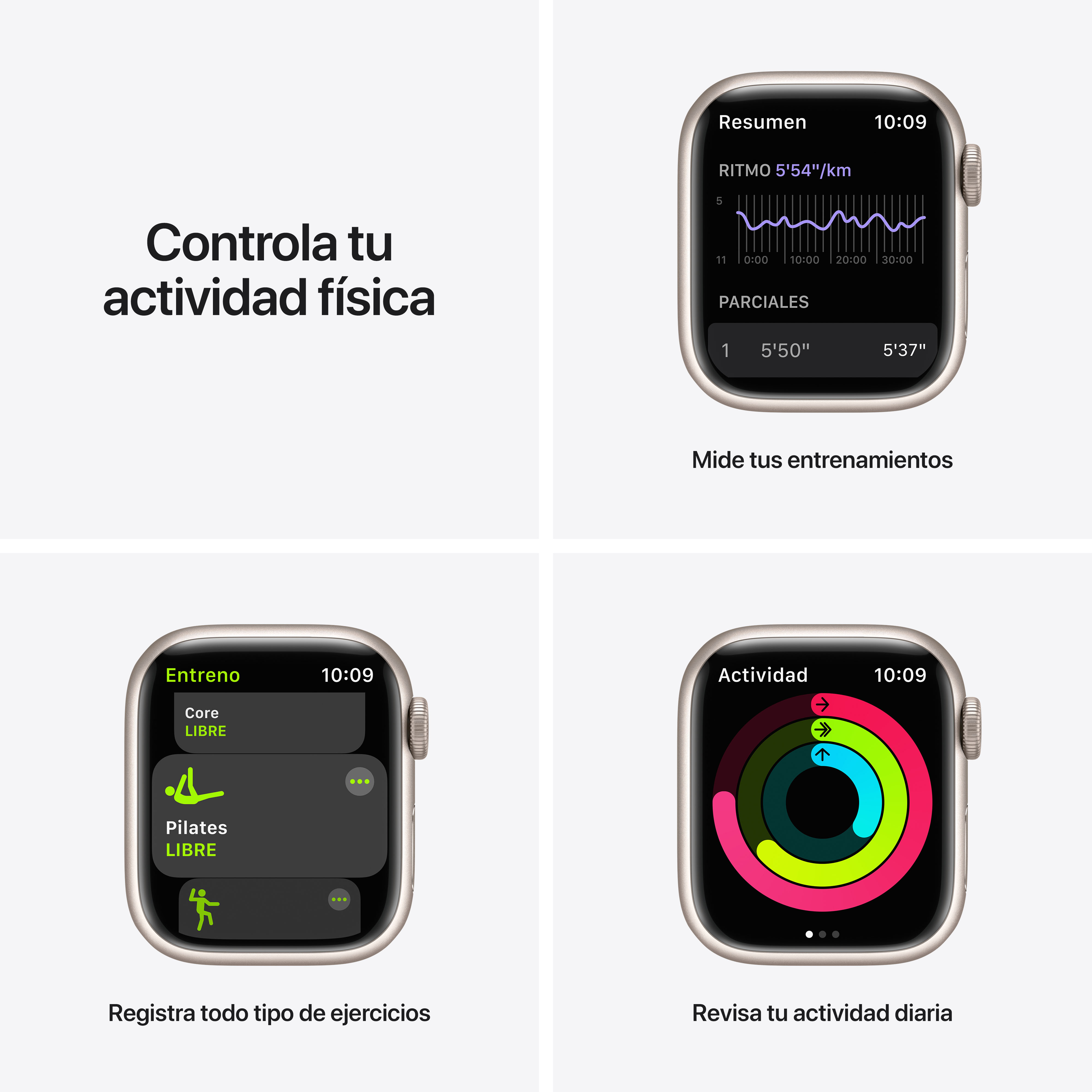 Pantallas de Apple Watch que muestran datos de entrenamiento y opciones de ejercicio.