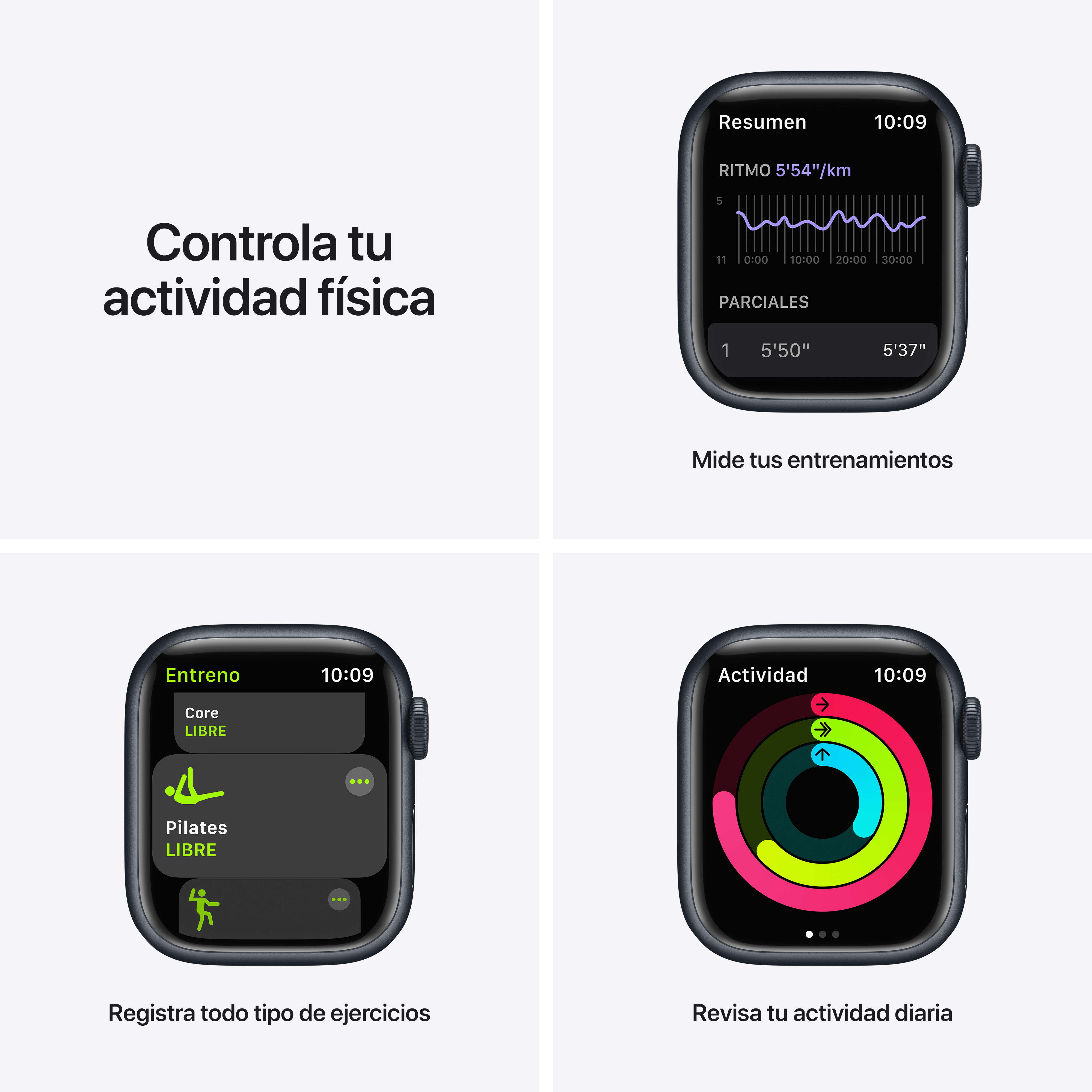 Cuatro pantallas de Apple Watch muestran datos de fitness y opciones de ejercicio en un diseño cuadrado.