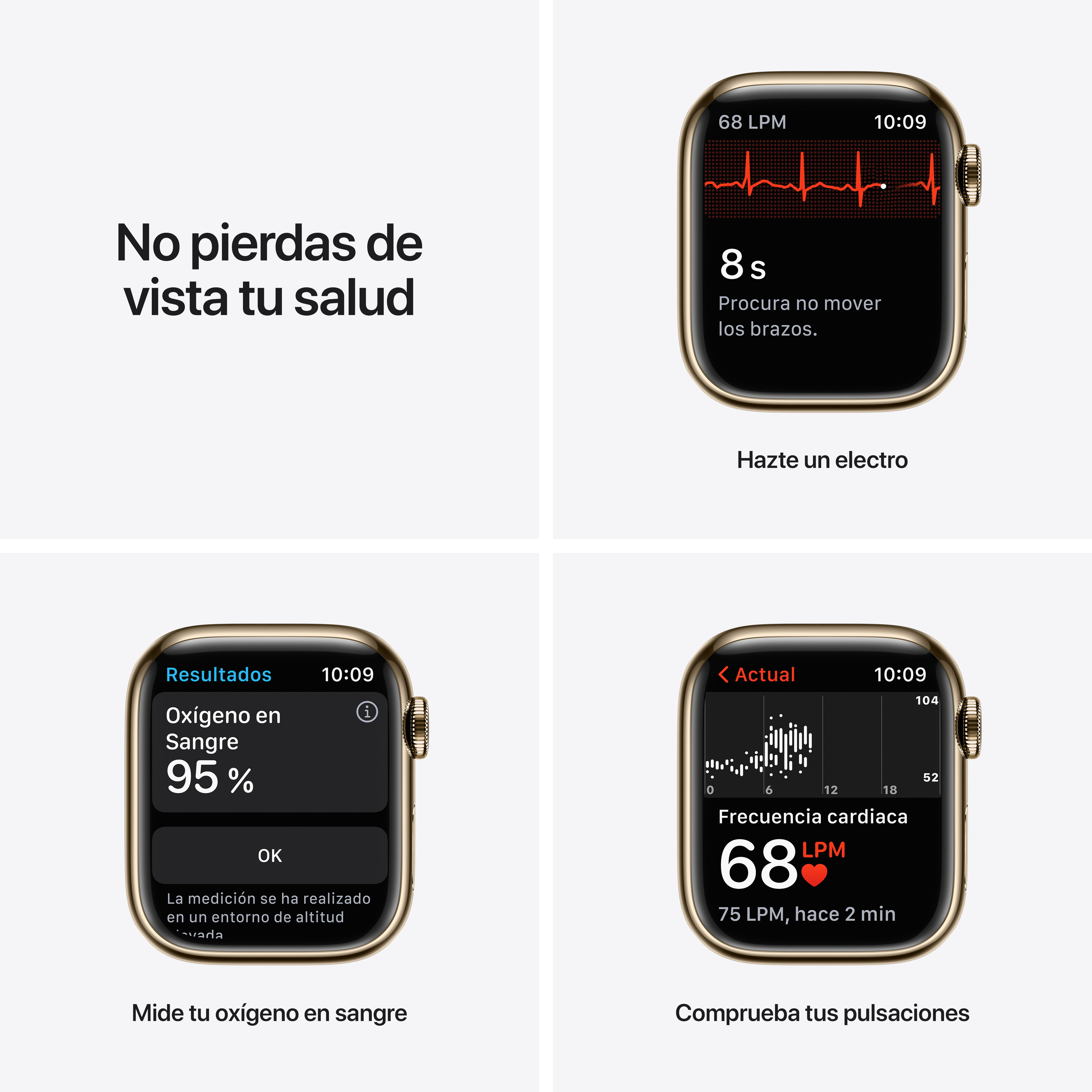 Pantallas de Apple Watch que muestran datos de salud. Frecuencia cardíaca y niveles de oxígeno en sangre.