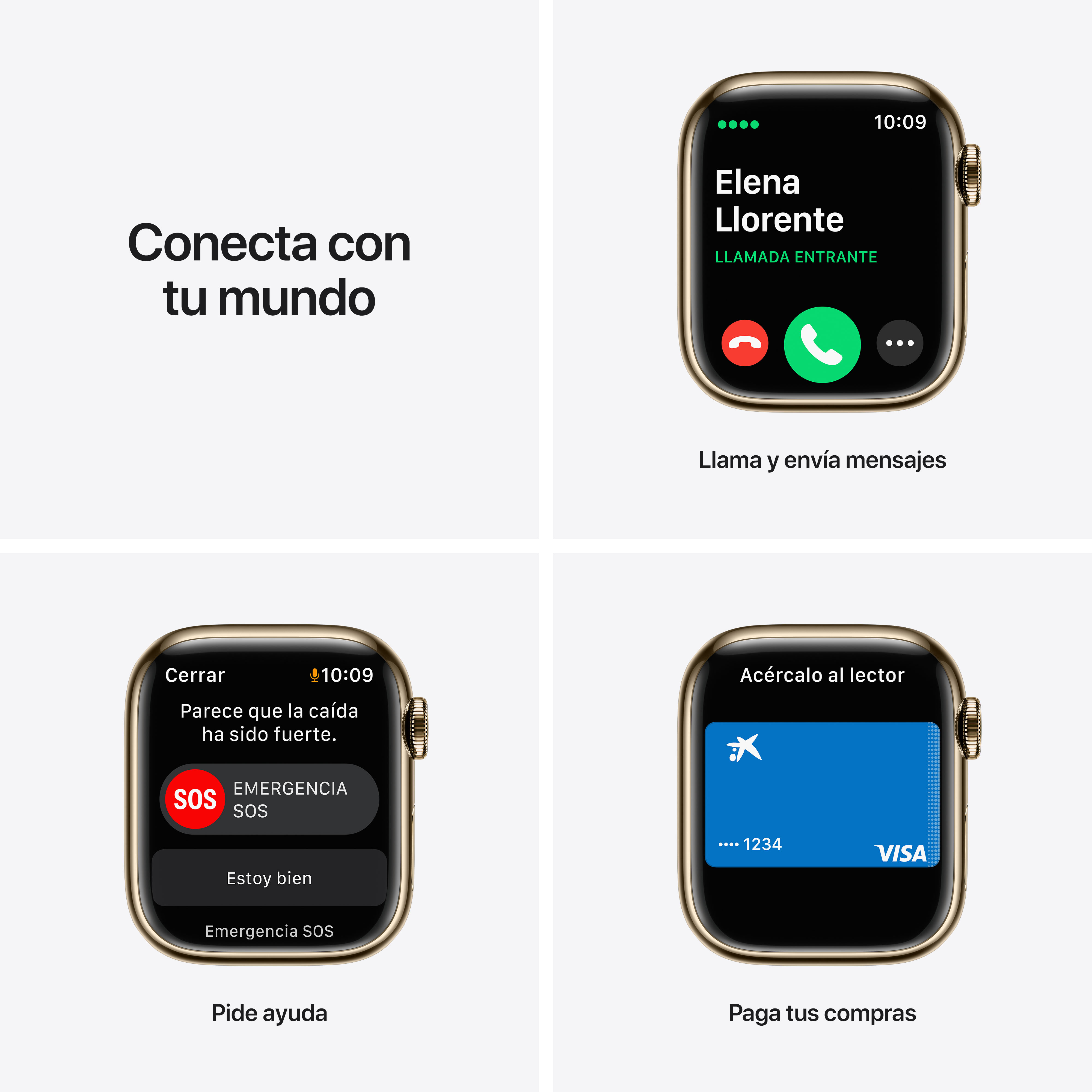 Cuatro pantallas de Apple Watch que muestran llamada entrante, emergencia SOS y opciones de pago.