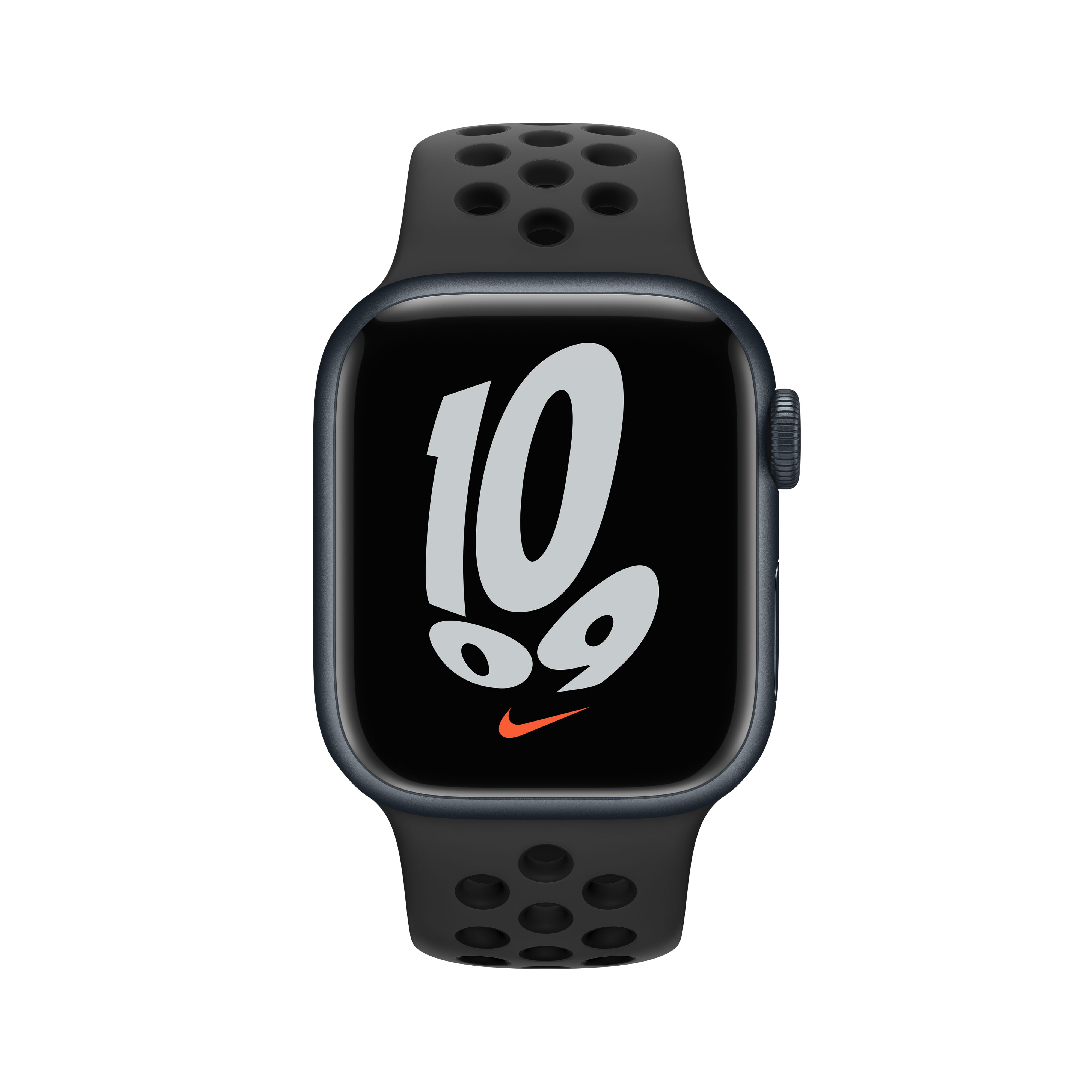 Un Apple Watch con correa negra, mostrando la hora '10:09' y el logo de Nike.