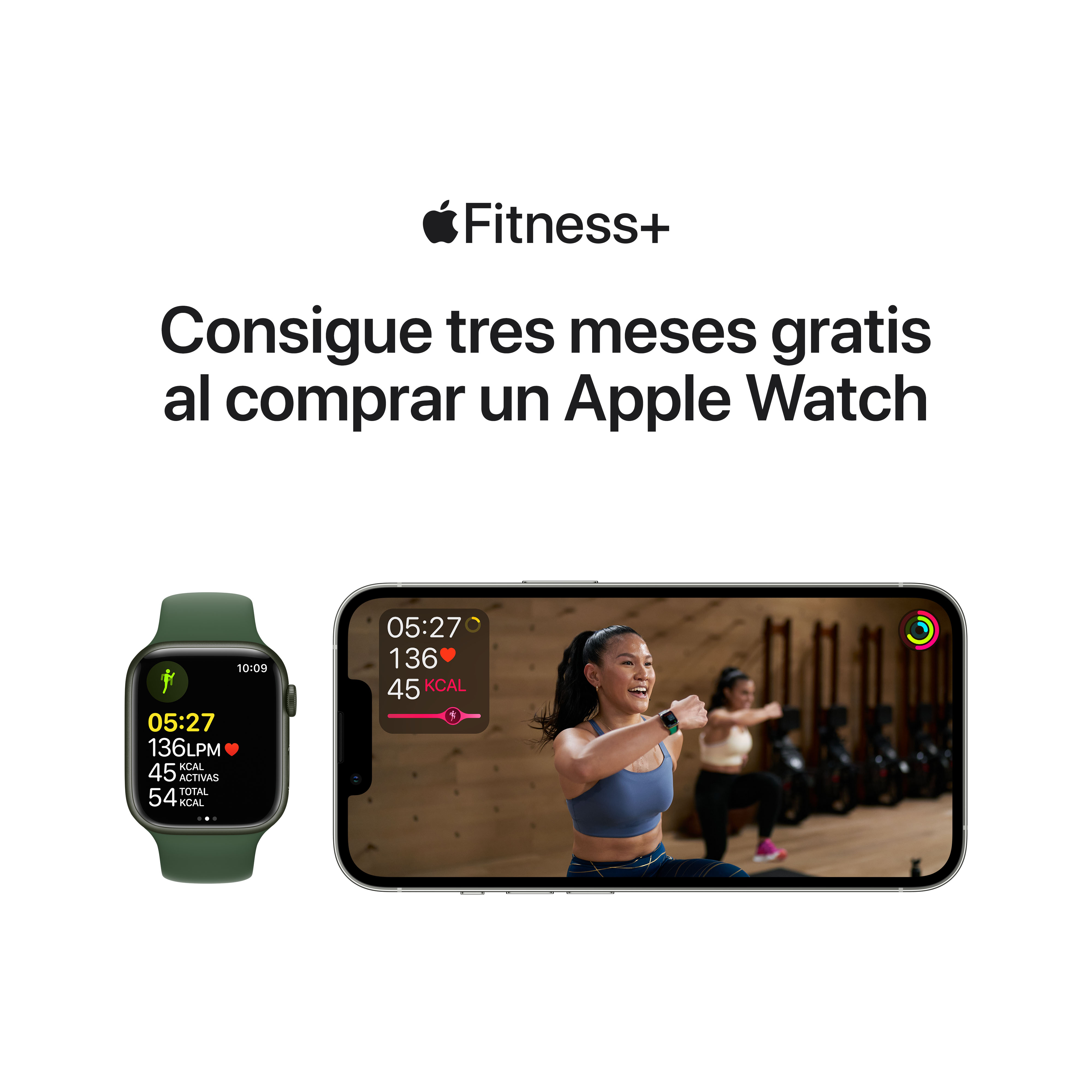 Apple Watch verde y iPhone mostrando entrenamiento Fitness+. Fondo blanco.