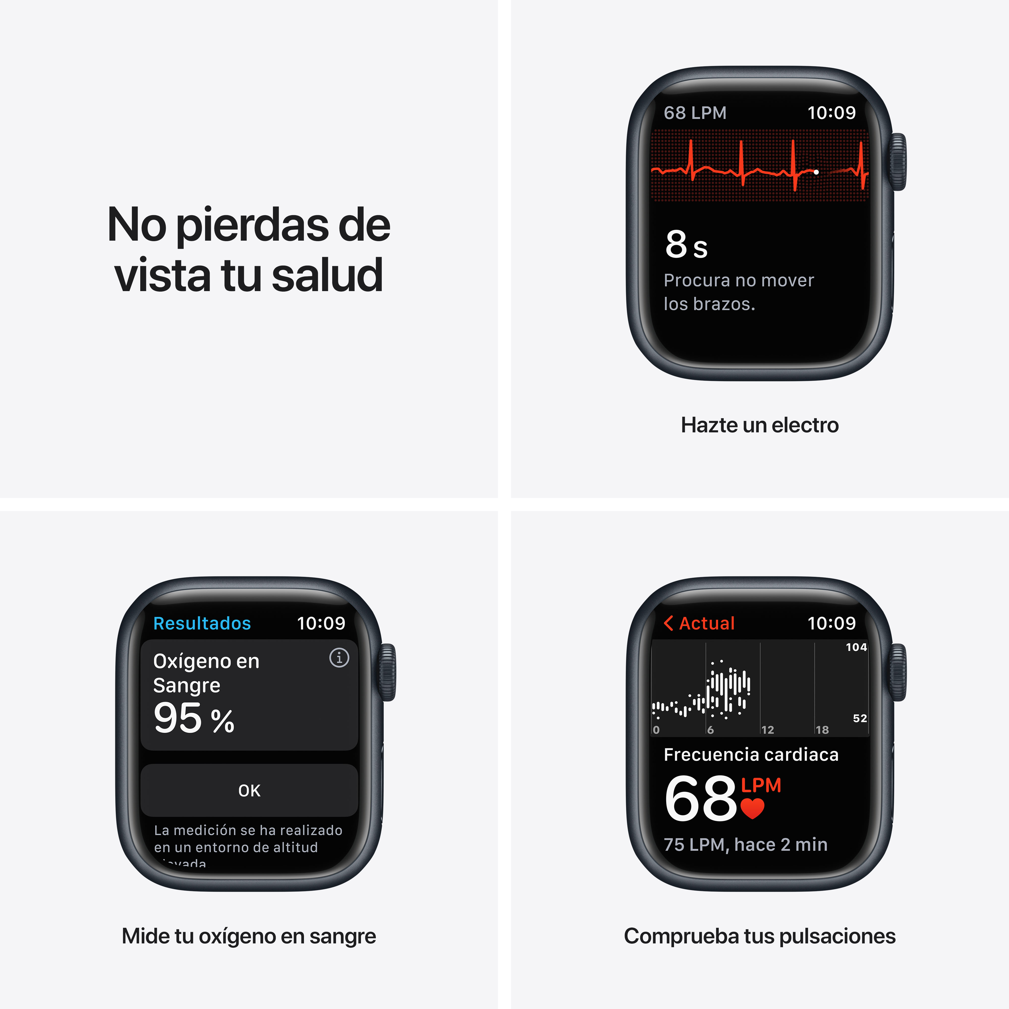 Pantallas de un reloj inteligente. Muestra la frecuencia cardíaca, el oxígeno en sangre y datos de ejercicio. Texto: Cuida tu salud.