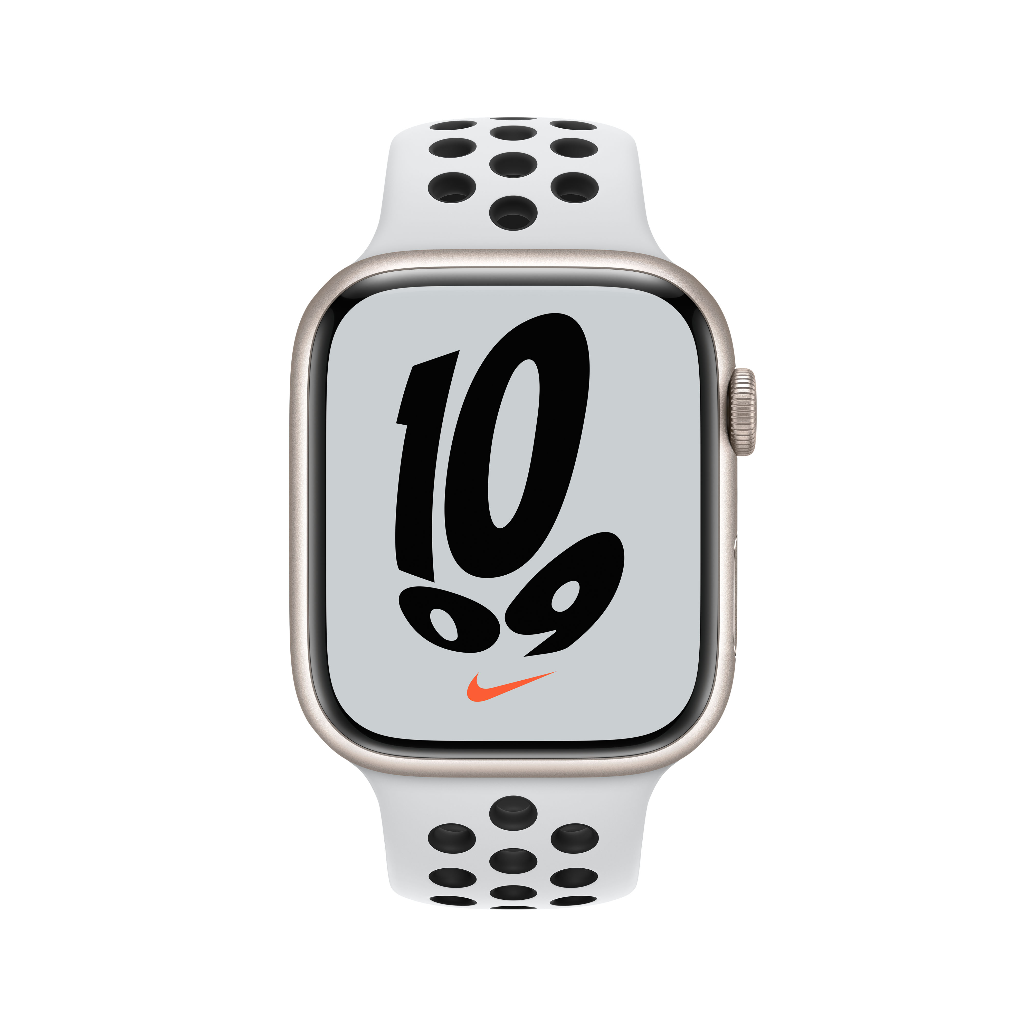 Un Apple Watch con una correa blanca con puntos negros. La esfera del reloj muestra la hora 10:09.