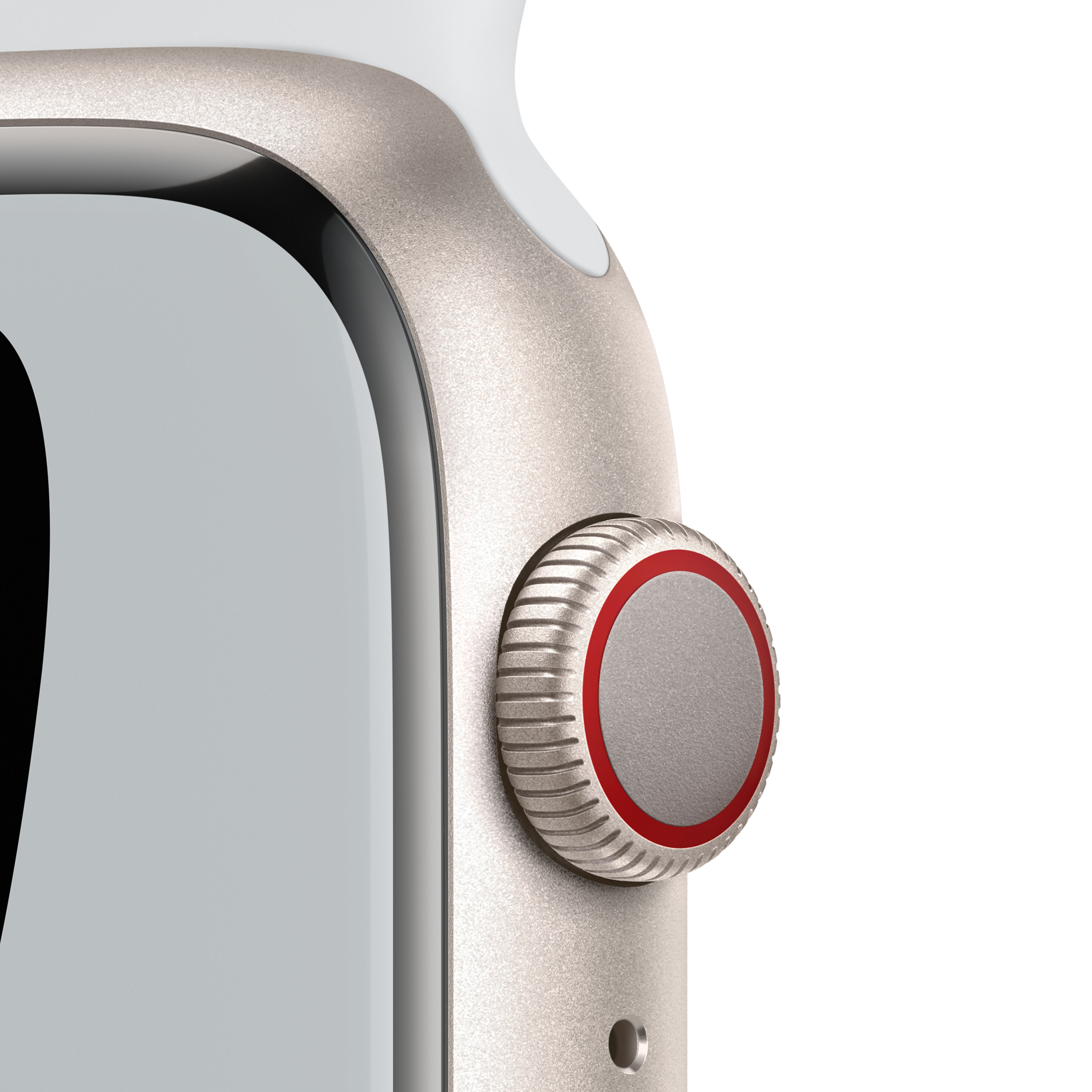 Primer plano de un reloj inteligente plateado con botón rojo sobre fondo blanco.