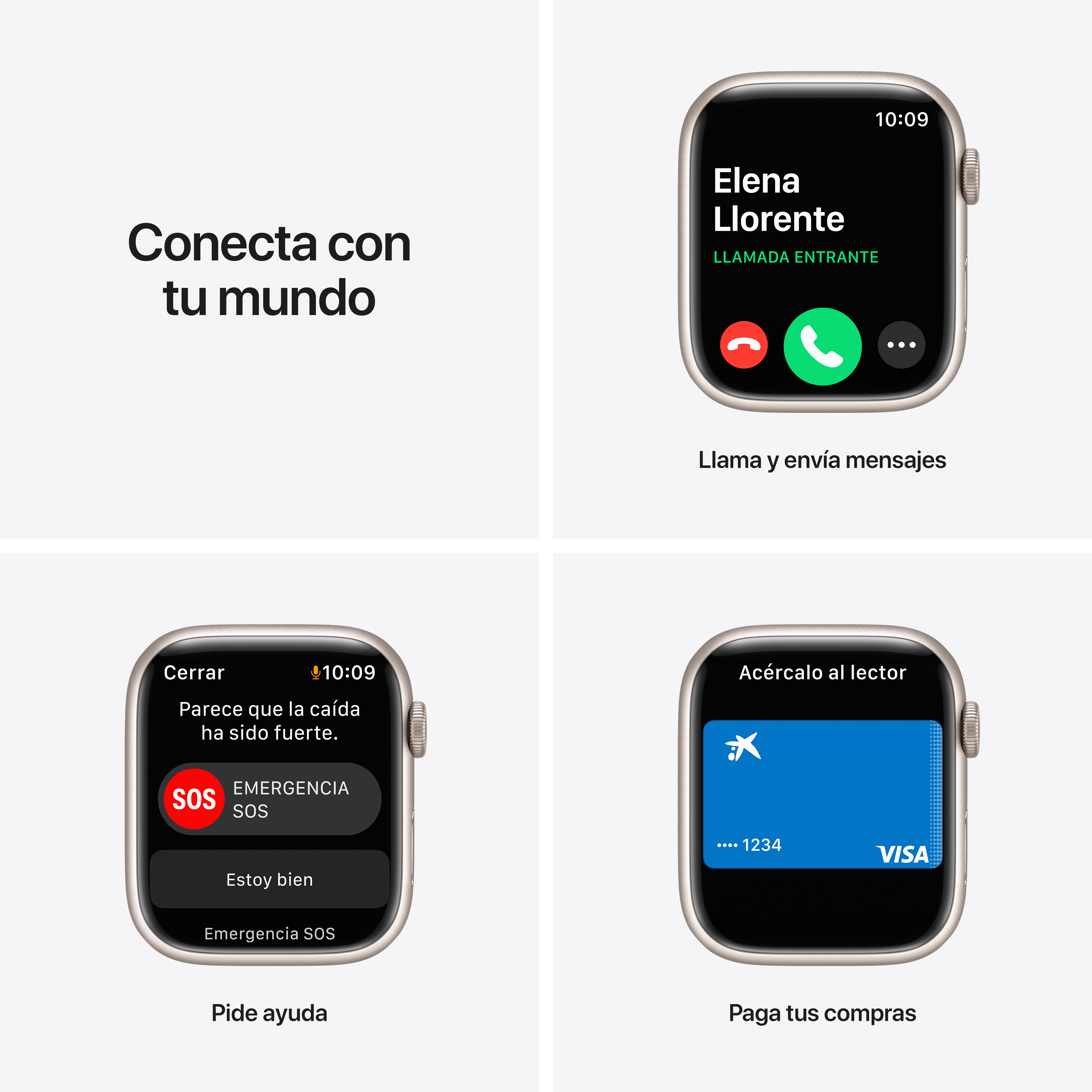 Pantallas de Apple Watch que muestran llamada entrante, emergencia SOS y pago con tarjeta.