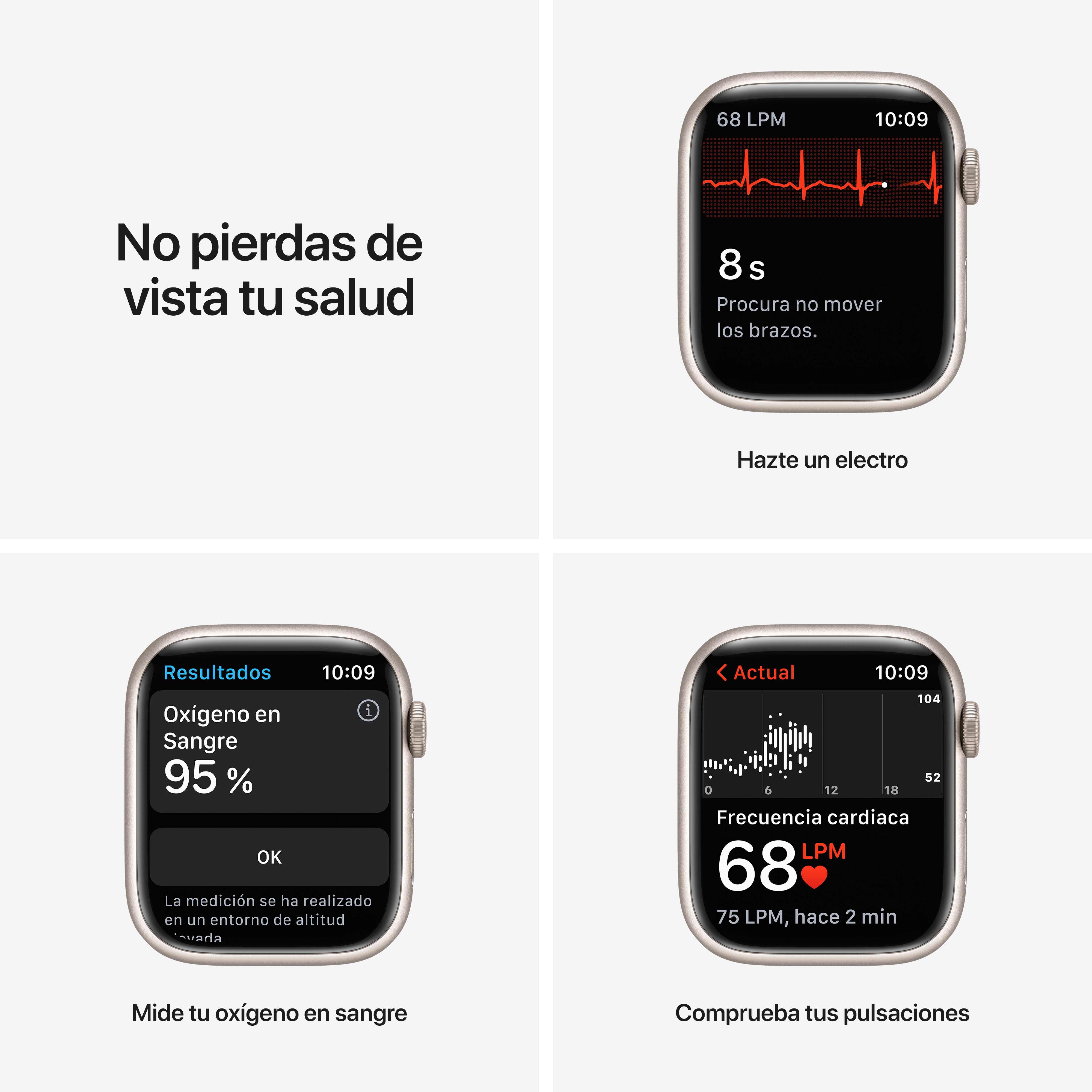 Un smartwatch muestra datos de salud, incluyendo frecuencia cardíaca y oxígeno en sangre, con la cara de una mujer.
