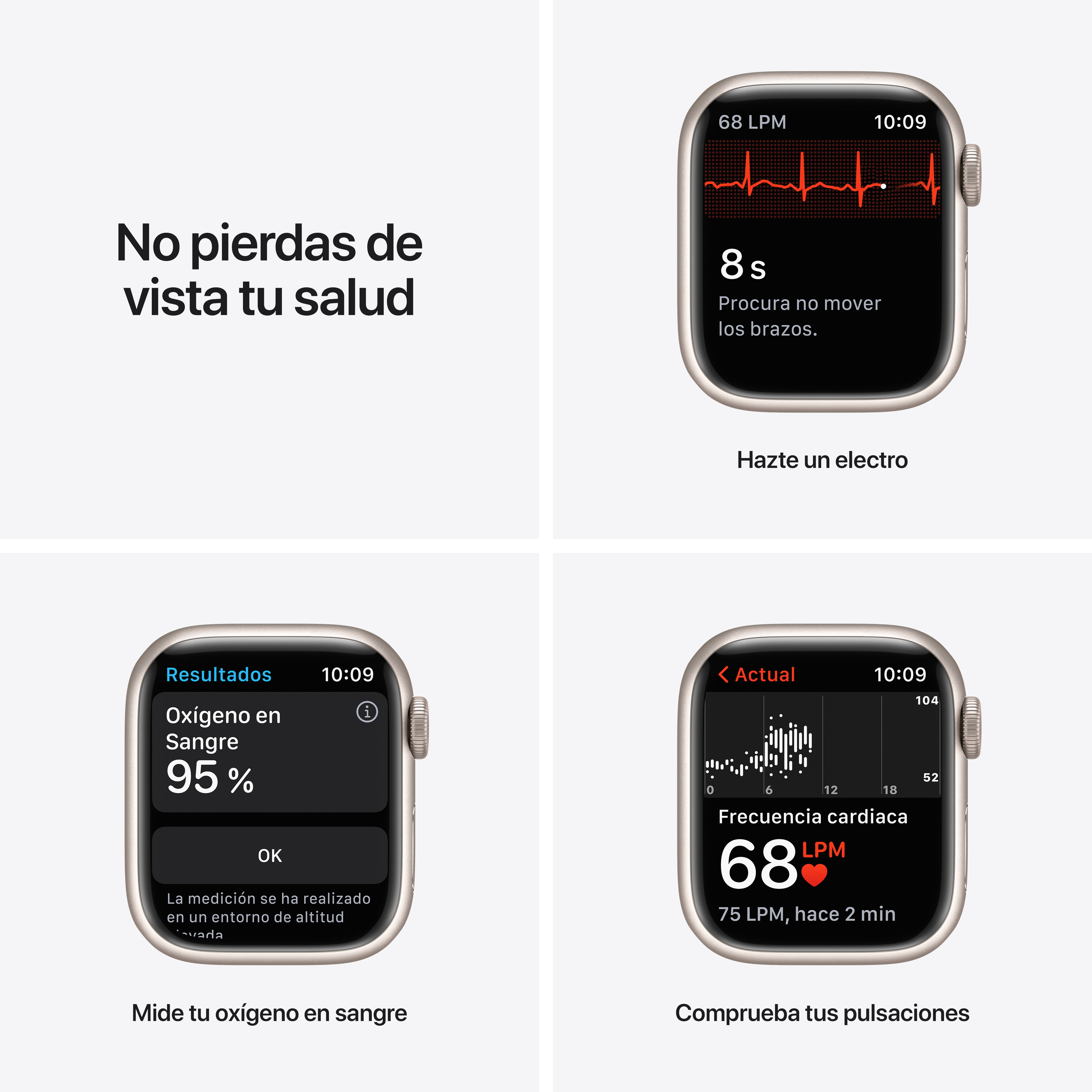 Cuatro imágenes muestran las funciones del Apple Watch: ECG, oxígeno, frecuencia cardíaca.