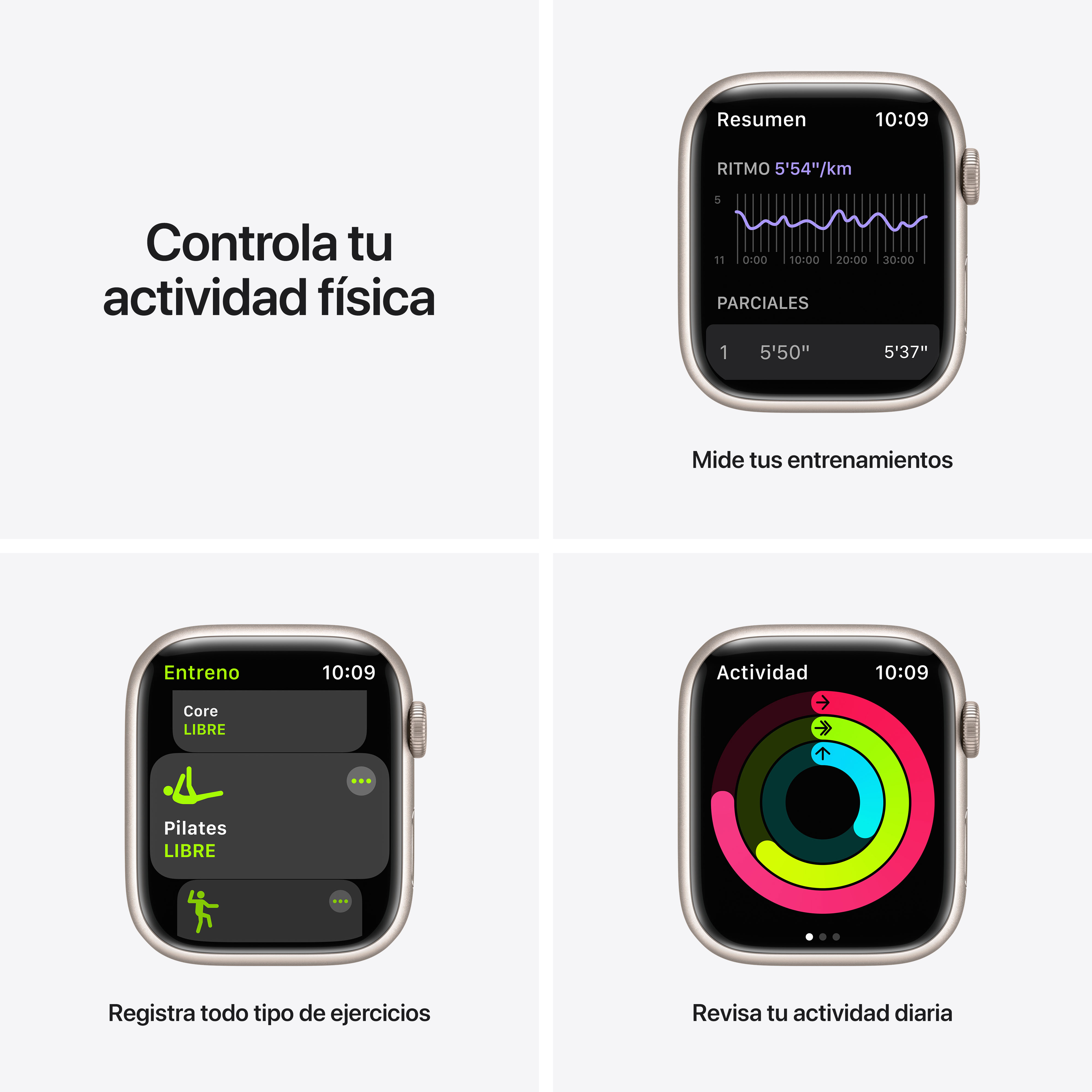 Interfaz de smartwatch mostrando datos de entrenamiento, incluyendo tiempo, ritmo cardíaco y anillos.
