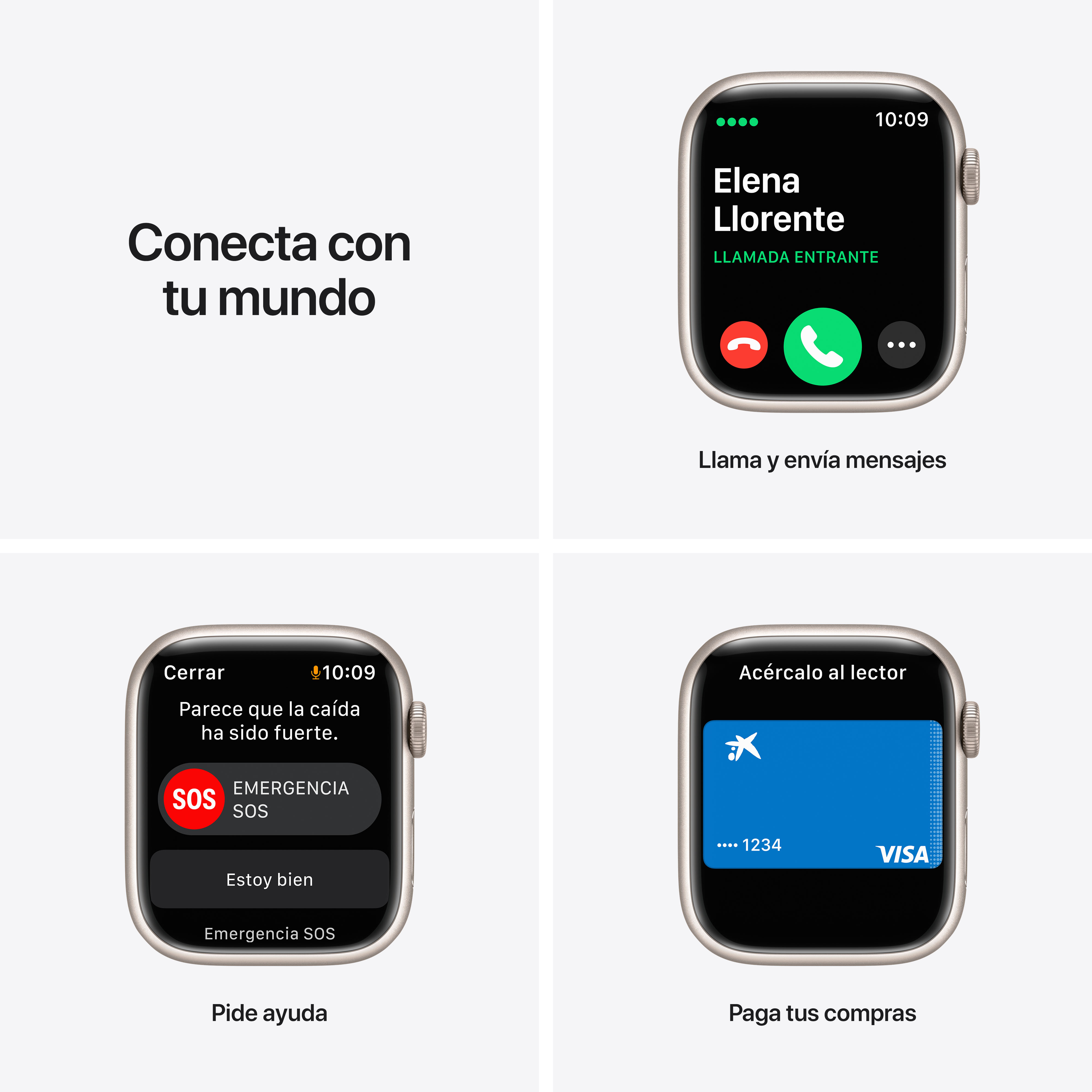 Cuatro pantallas de Apple Watch que muestran llamadas, SOS, pagos y un mensaje de 'conéctate con tu mundo'.