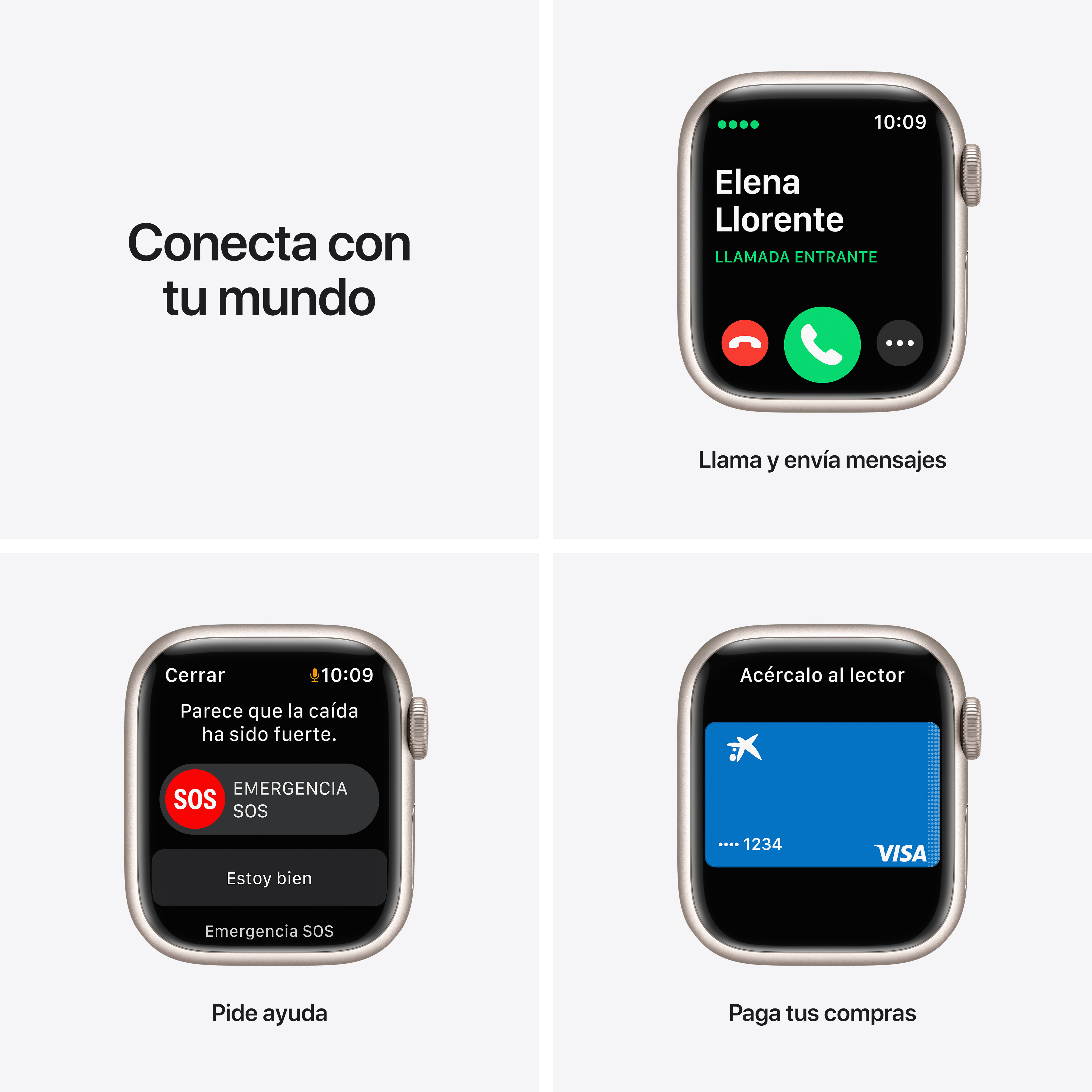Un Apple Watch que muestra llamadas y funciones SOS, además de una pantalla de pago, con texto.