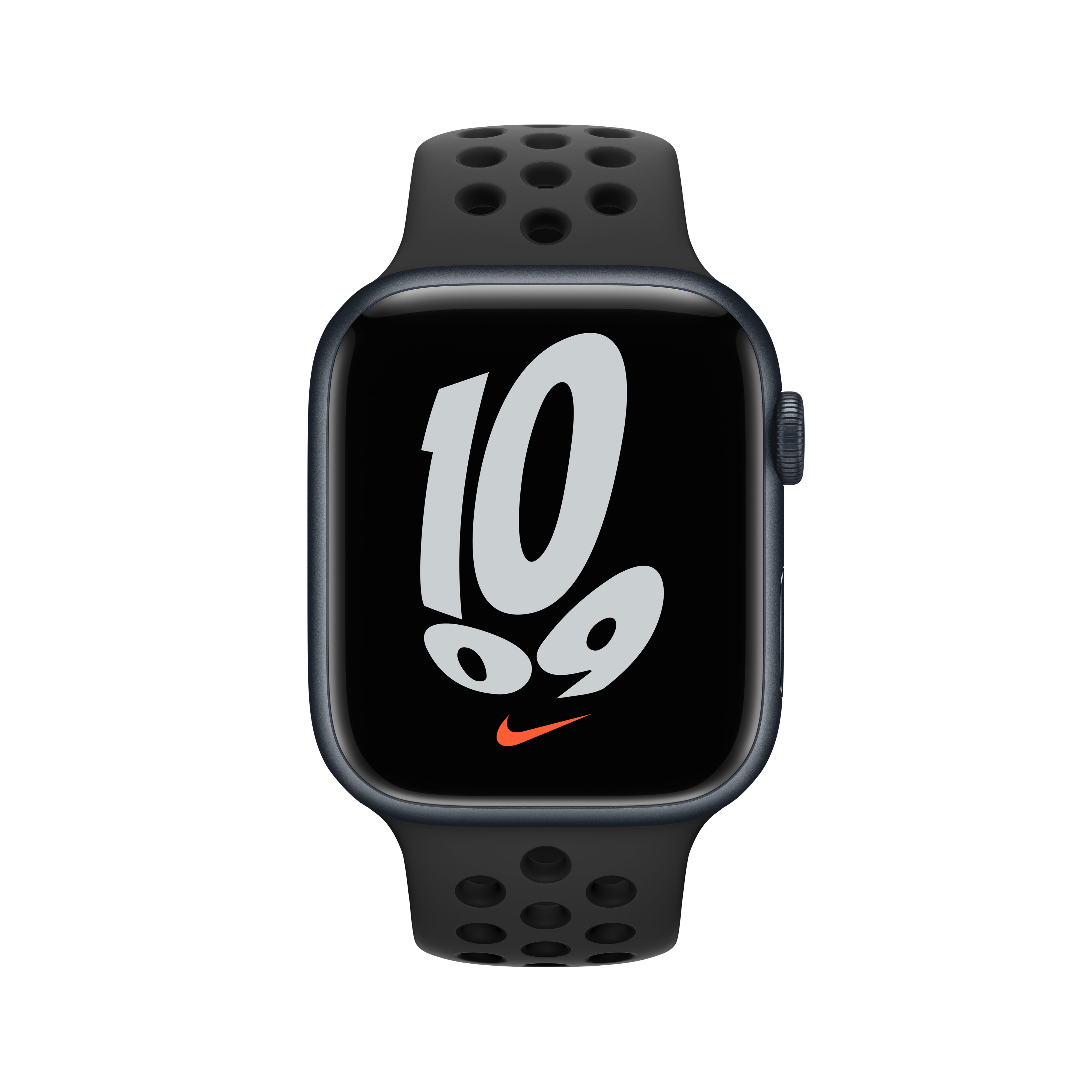 Apple Watch negra con correa negra, mostrando la hora en blanco con un logo de Nike.