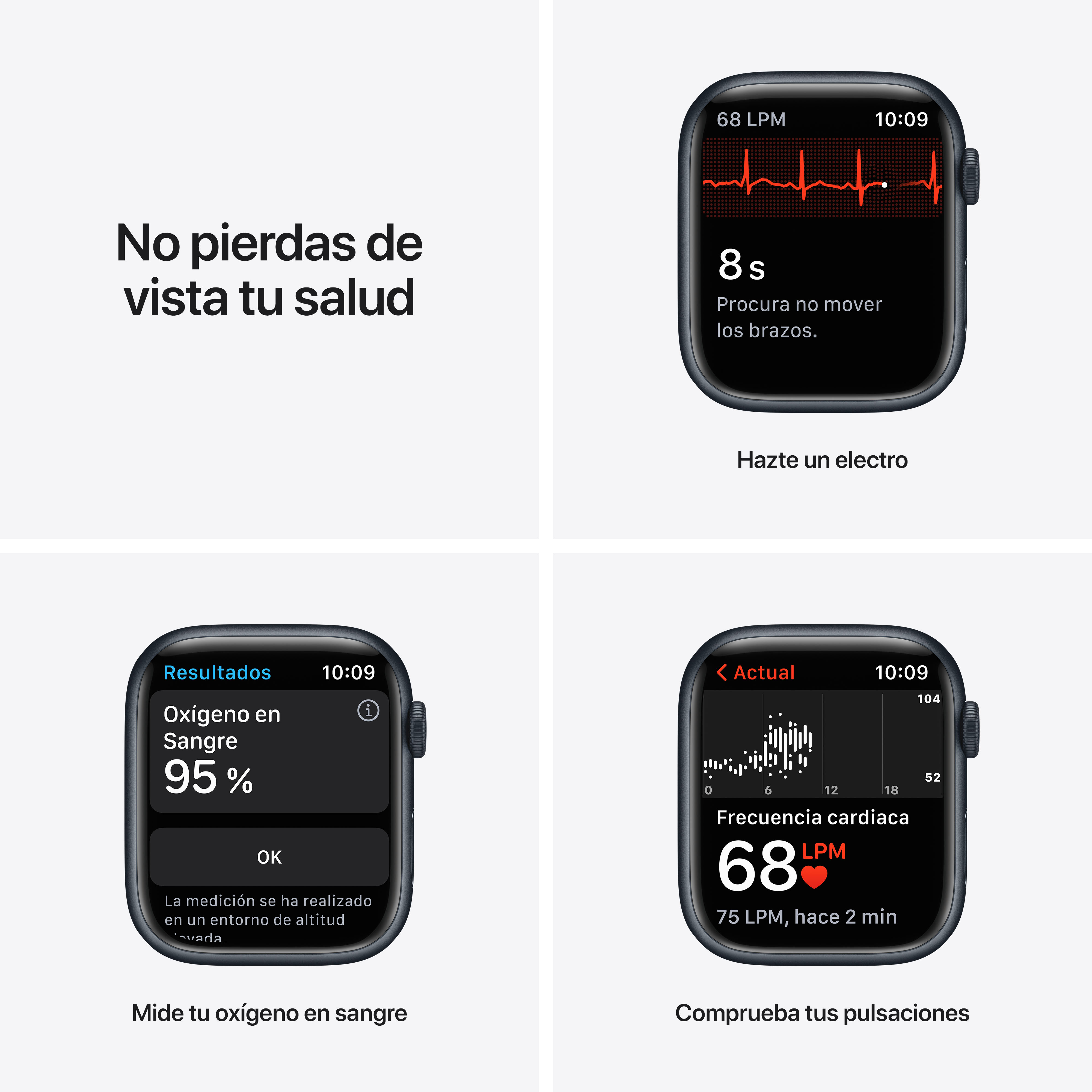 Pantalla del Apple Watch que muestra métricas de salud: ECG, oxígeno y frecuencia cardíaca con texto.