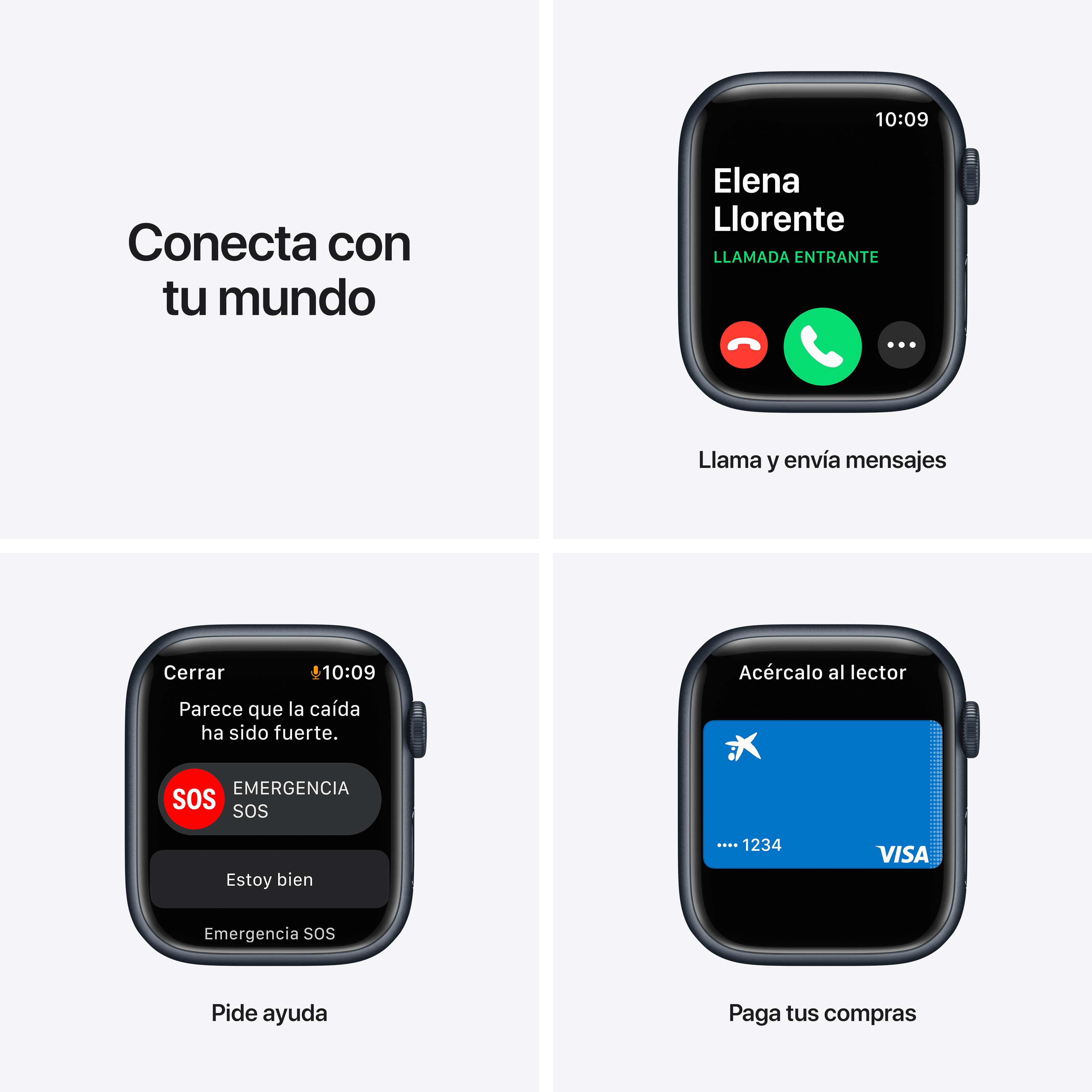 Apple Watch con cuatro pantallas que muestran funciones de llamada, SOS, pago y actividad.