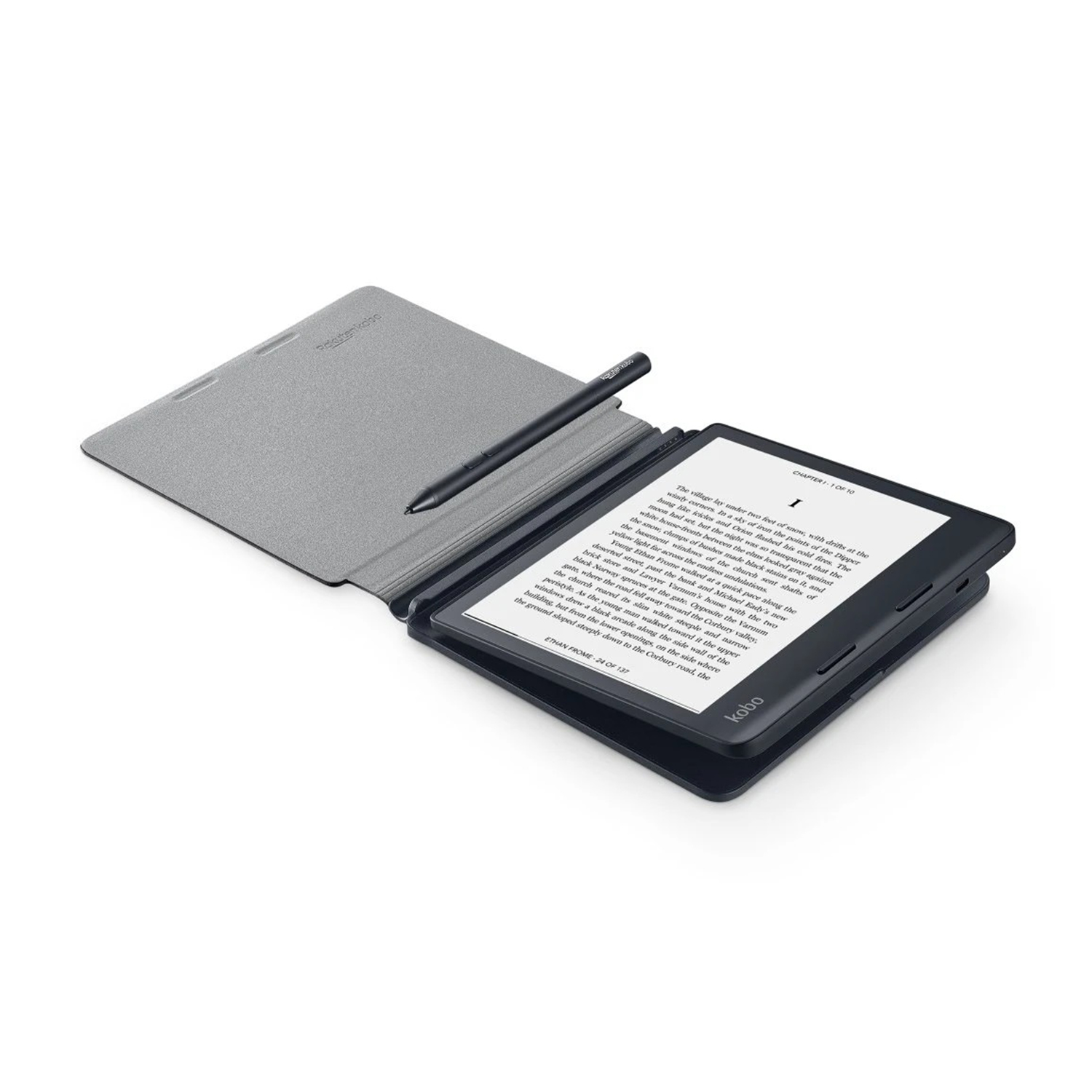 Un e-reader Kobo con una penna, aperto su una pagina con testo, appoggiato su una custodia grigia.