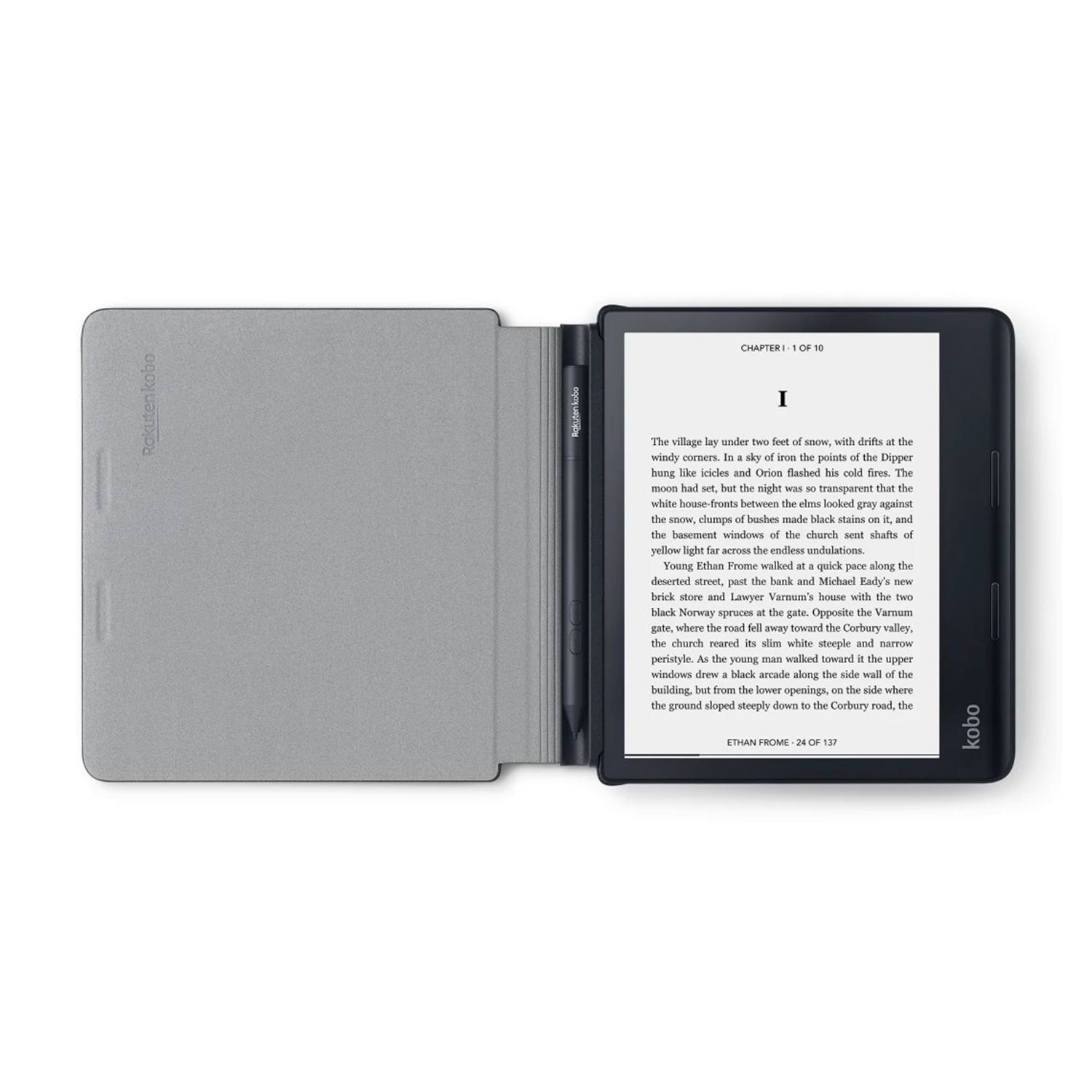 Un e-reader aperto con un libro a destra e uno stilo e una custodia a sinistra.