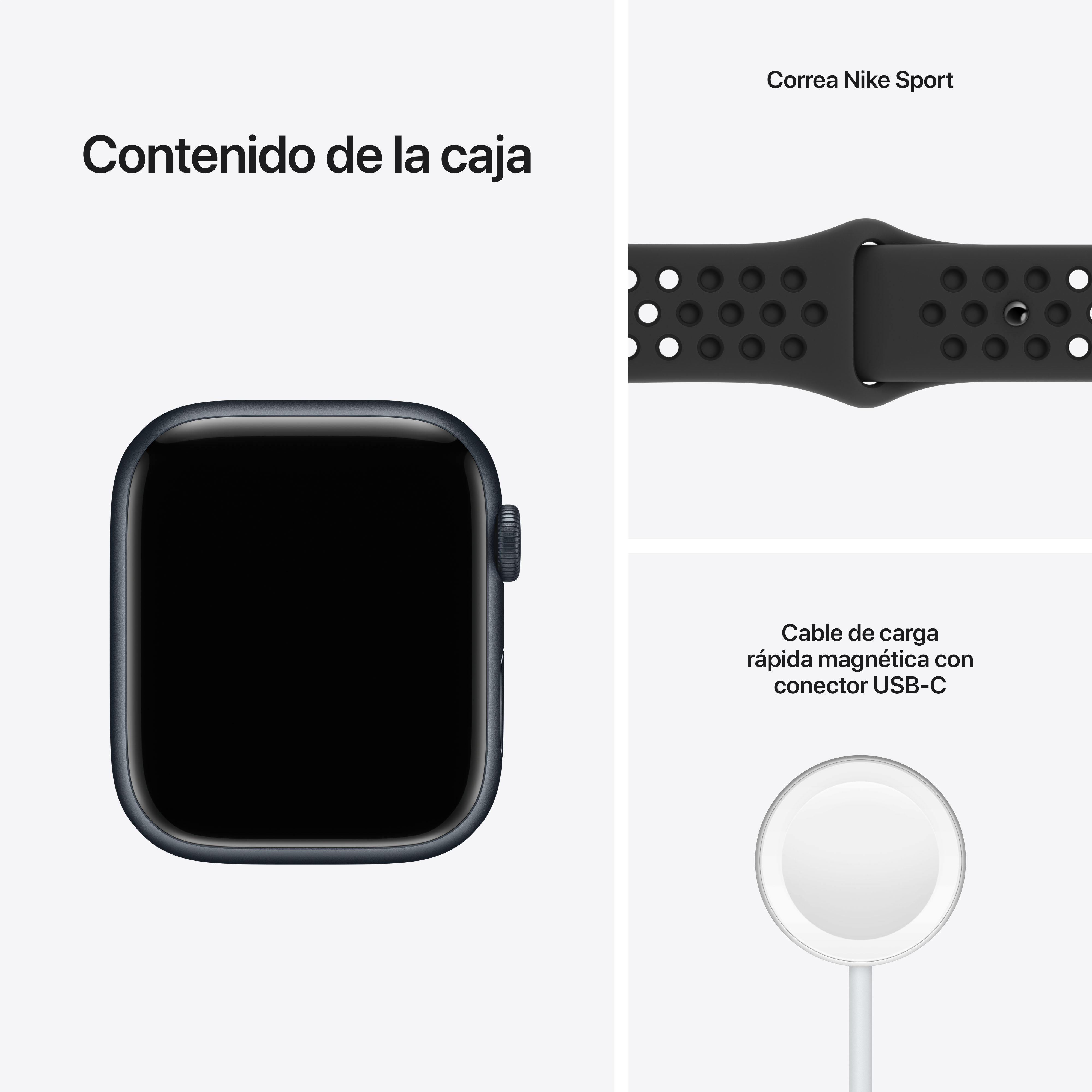 Un Apple Watch, una correa deportiva negra y un cable de carga magnético blanco con conector USB-C.