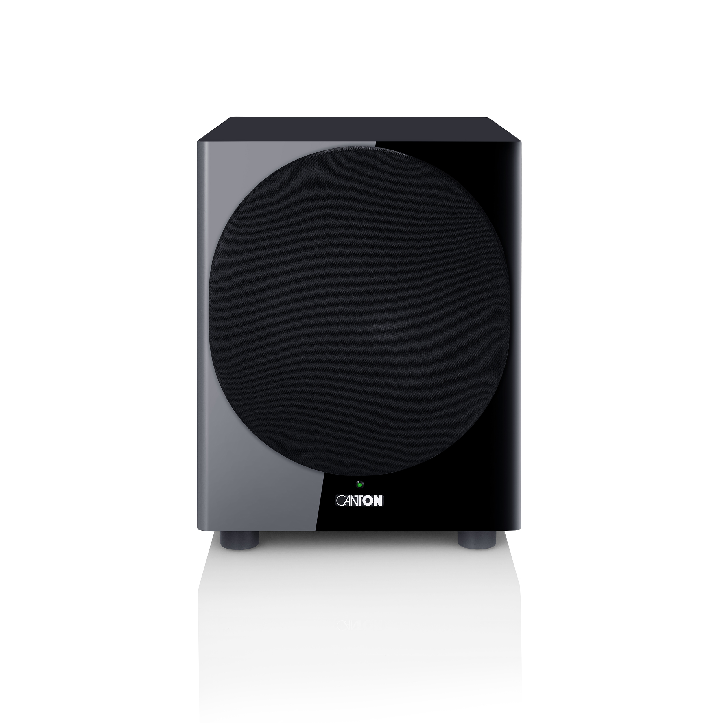 Schwarzer Canton-Subwoofer, Frontansicht, auf weißer Oberfläche, mit rundem Lautsprecher und Logo.