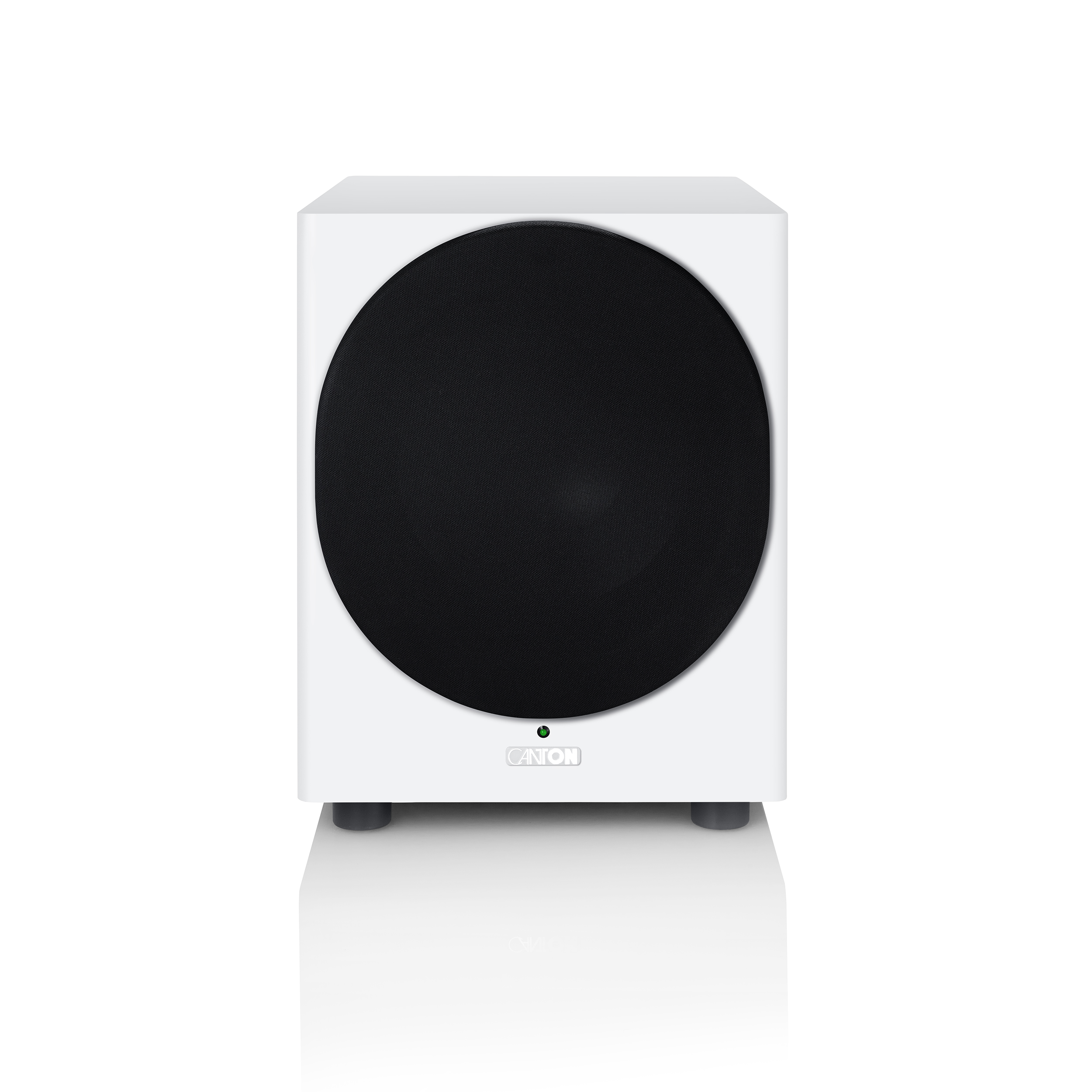 Ein weißer Subwoofer mit einem schwarzen, kreisförmigen Lautsprecher. Das Canton-Logo befindet sich unten.