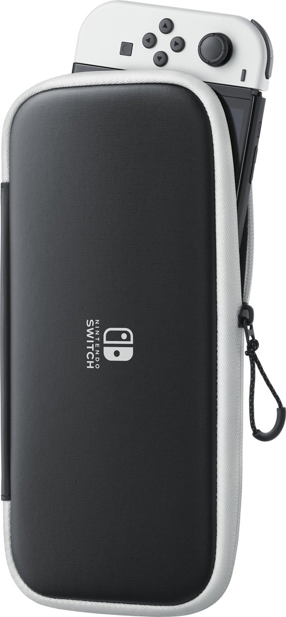 Une console Nintendo Switch blanche à l'intérieur d'un étui de transport noir et gris avec une poignée.