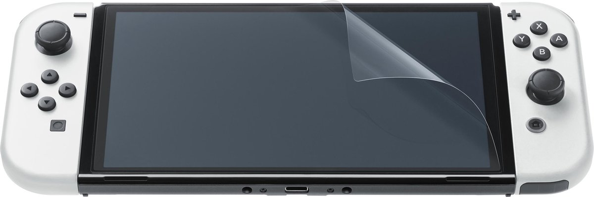 Une console Nintendo Switch blanche avec un protecteur d'écran partiellement appliqué.