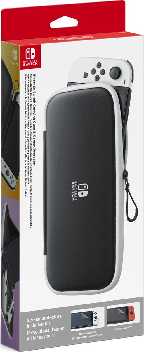 Boîte de l'étui Nintendo Switch, avec une Switch à l'intérieur, sur fond blanc.