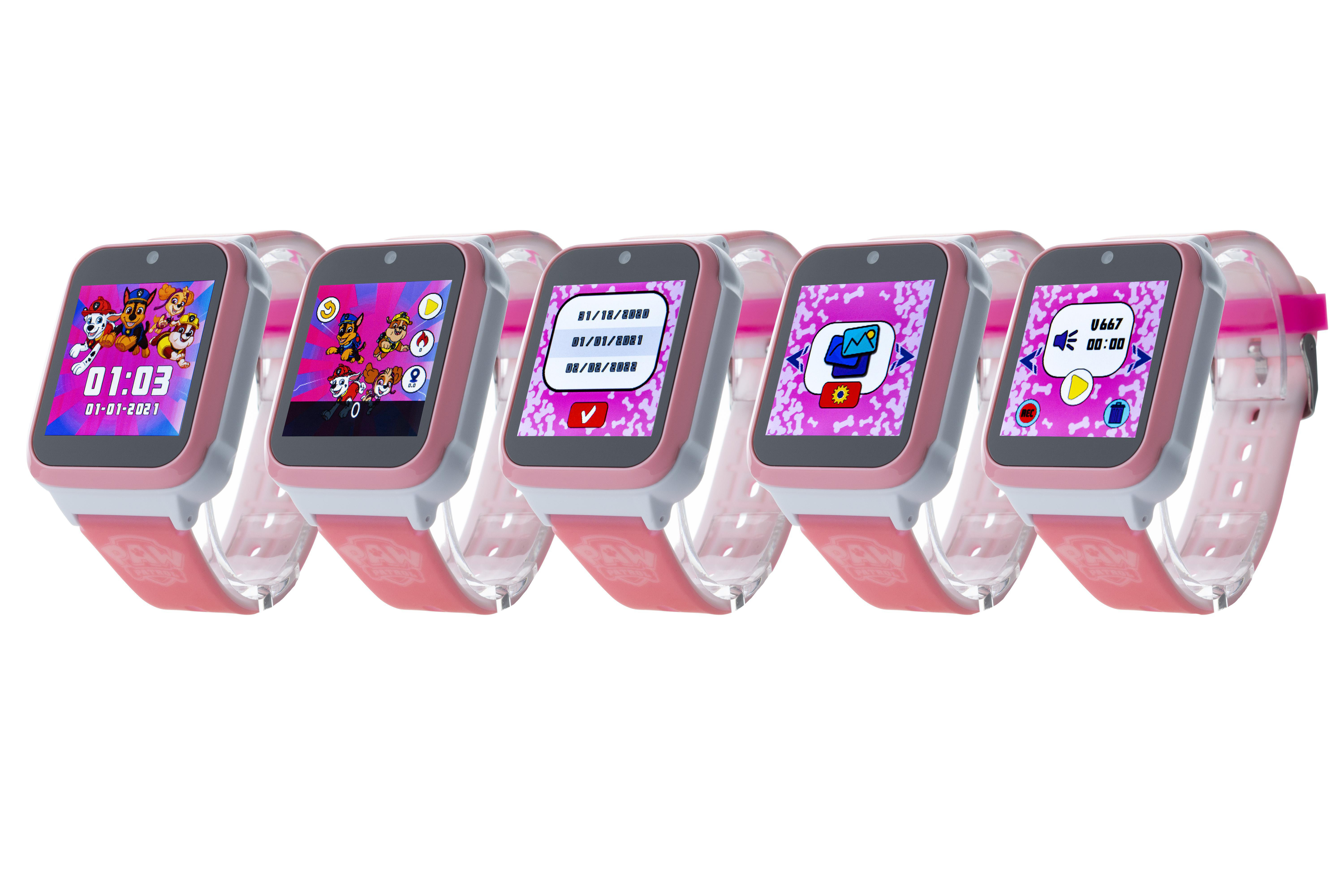 Mehrere rosa Paw Patrol Smartwatches auf dem Display.