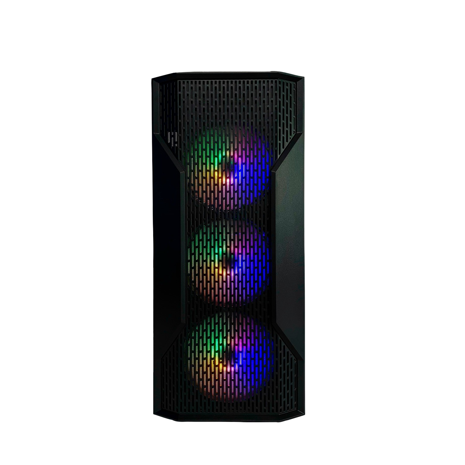 Caja de ordenador negra con tres ventiladores multicolores. El fondo es negro.