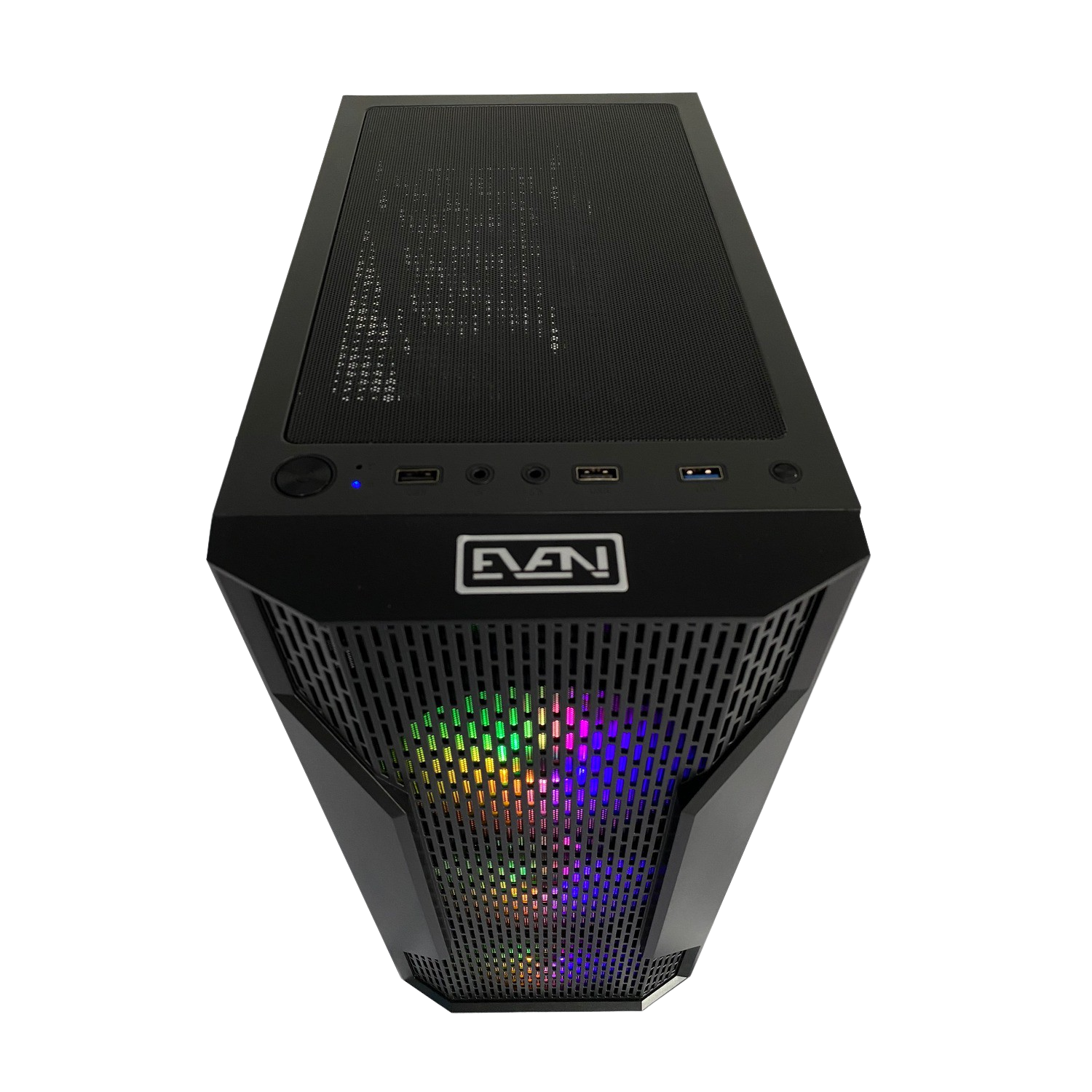 Una caja de computadora negra con un panel frontal con un diseño de malla y luces de colores.