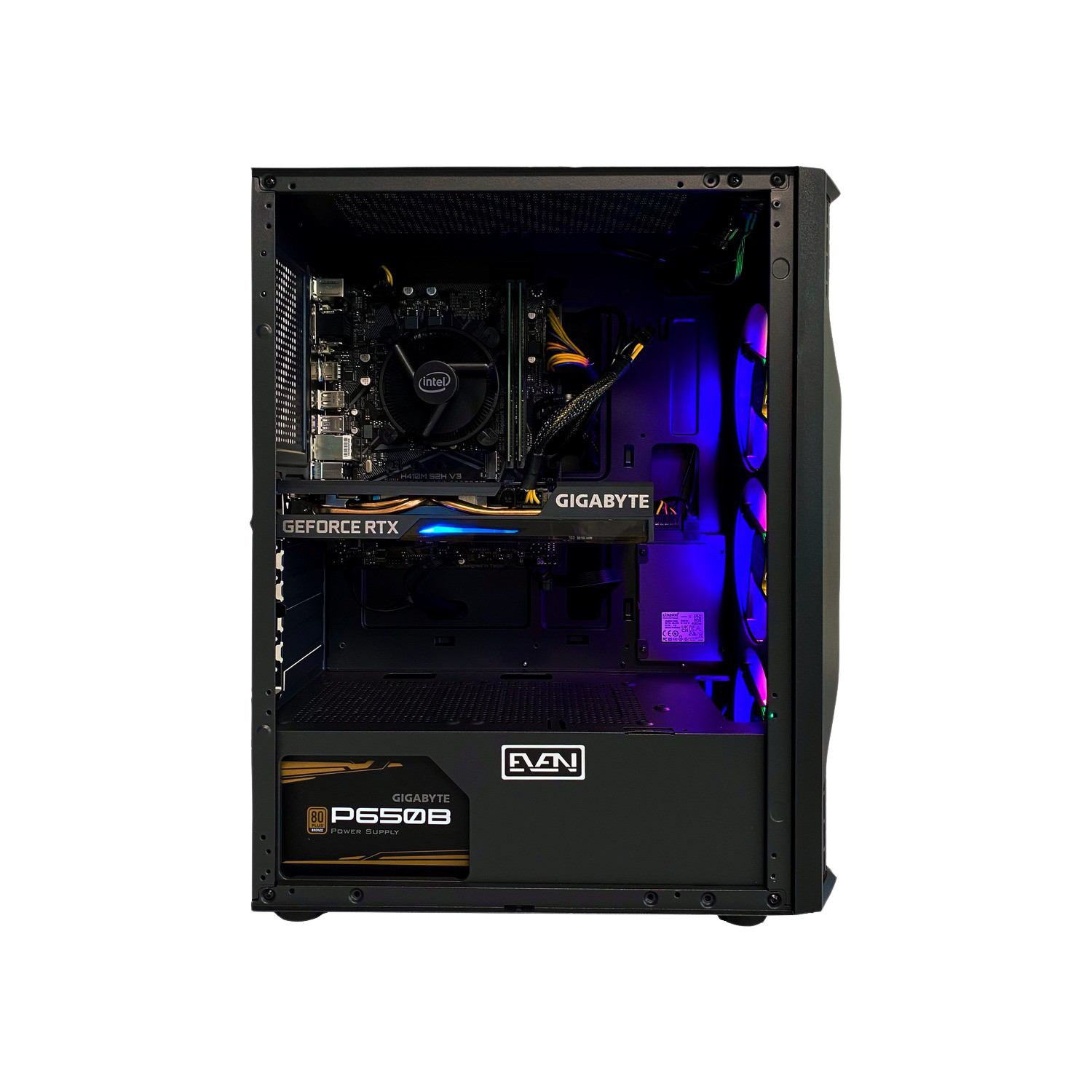 Caja de ordenador con componentes internos visibles. Componentes incluyen CPU, GPU y fuente de alimentación.