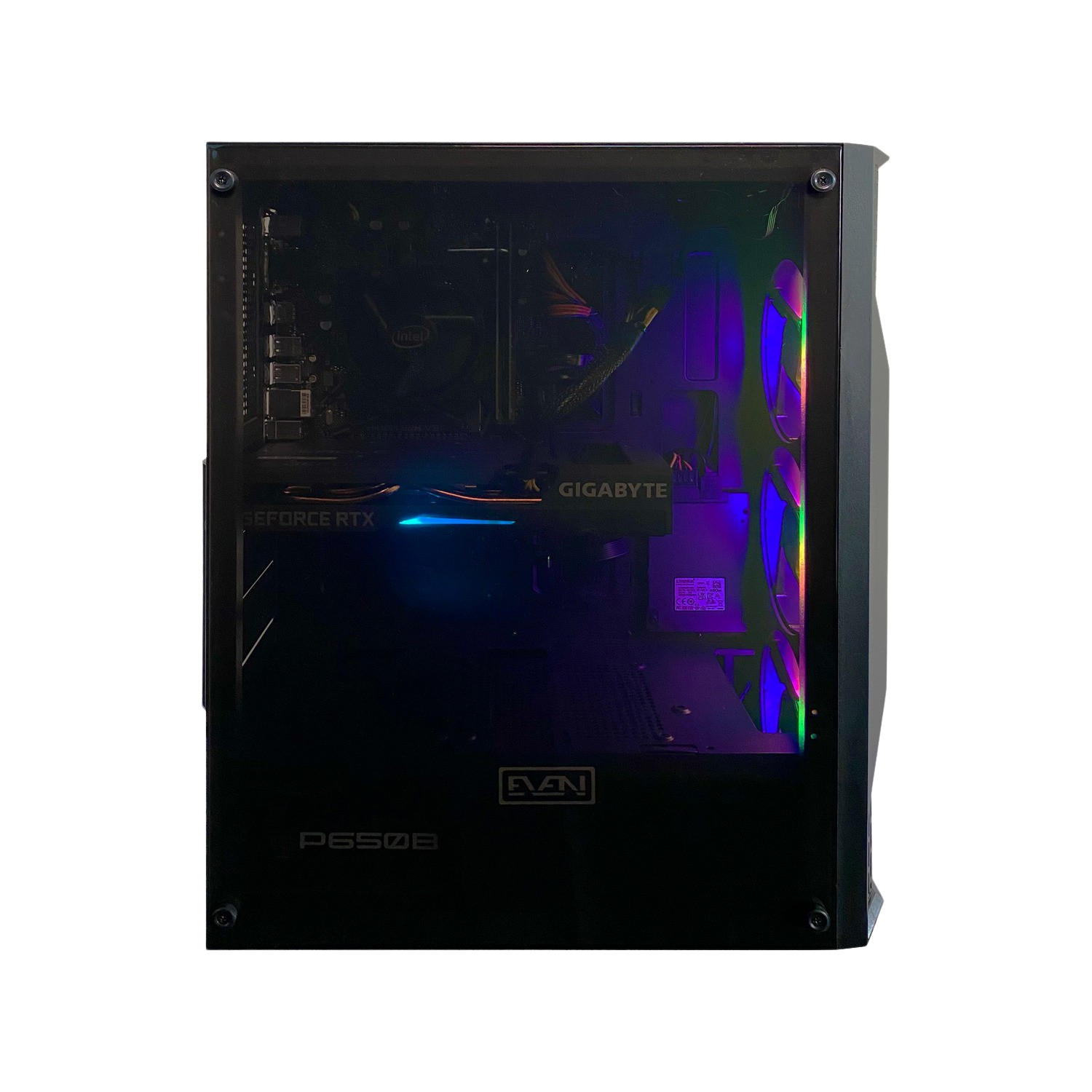 Una caja de computadora con un lado de vidrio, que muestra componentes internos con luces coloridas.