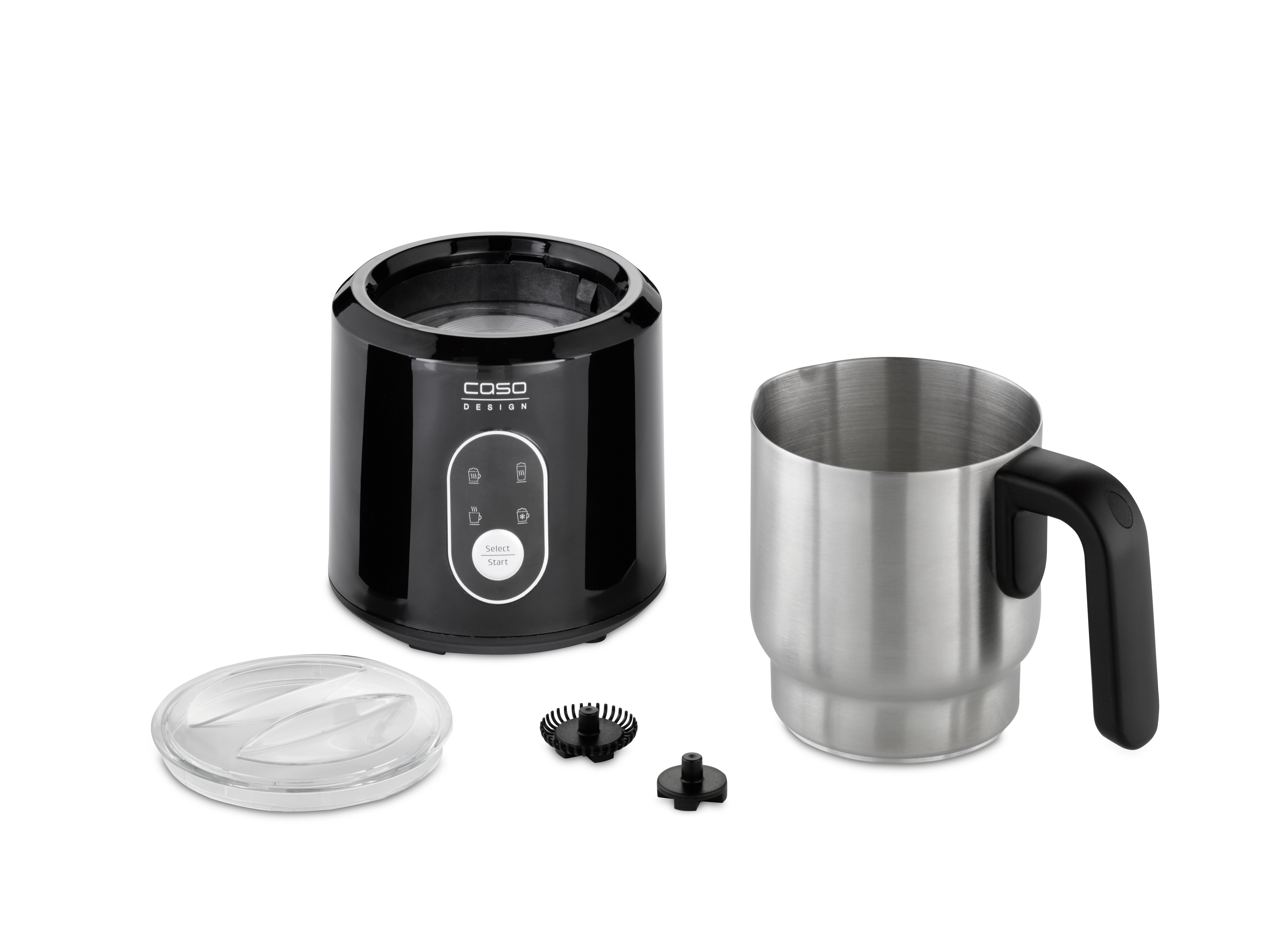 Eine schwarze Milchaufschäumer-Maschine mit ihren Teilen. Ein Edelstahlbecher und Deckel.