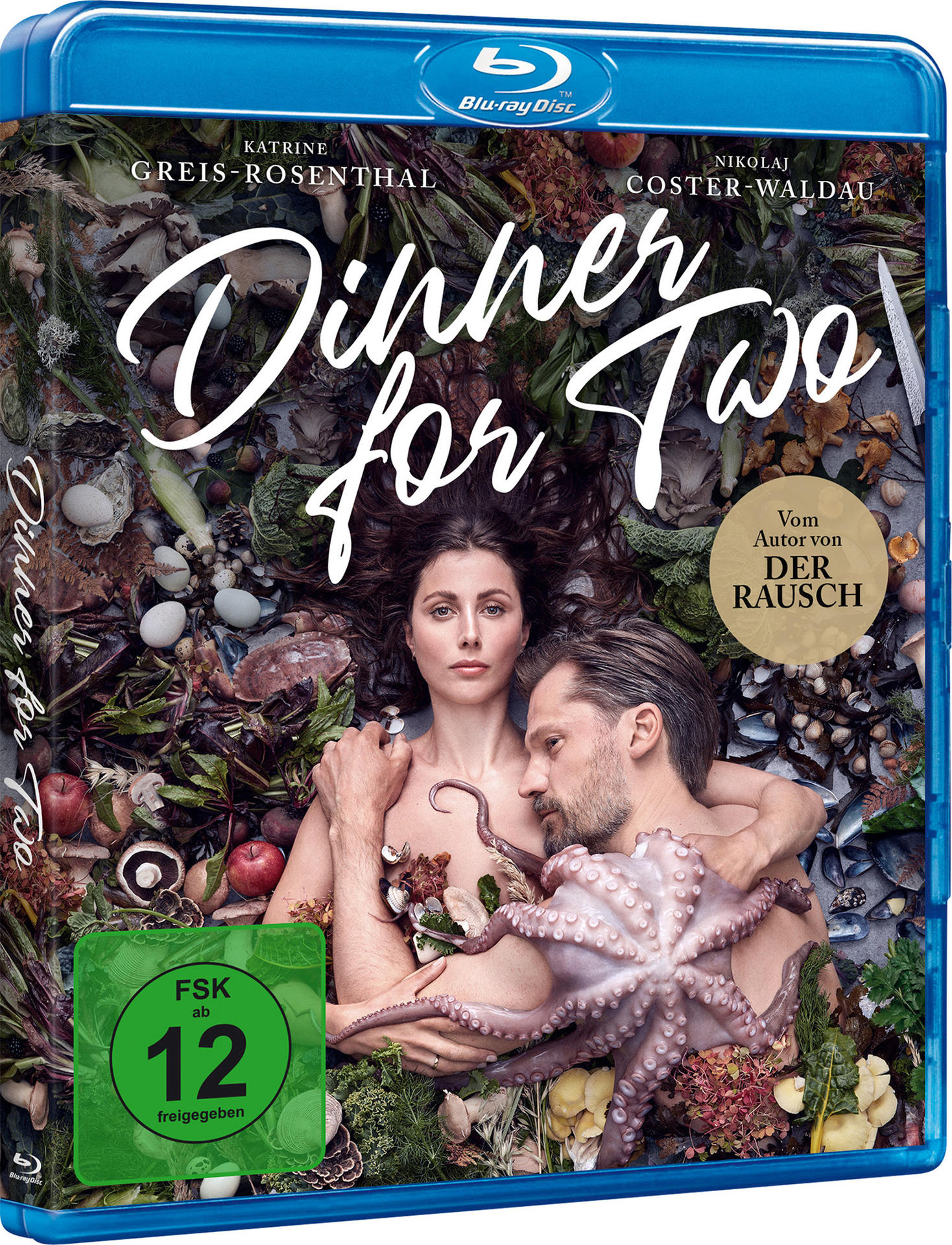 Blu-ray-Cover für 'Dinner for Two'. Ein Paar umarmt sich mit einem Oktopus. Gemüse und Blumen umgeben sie.