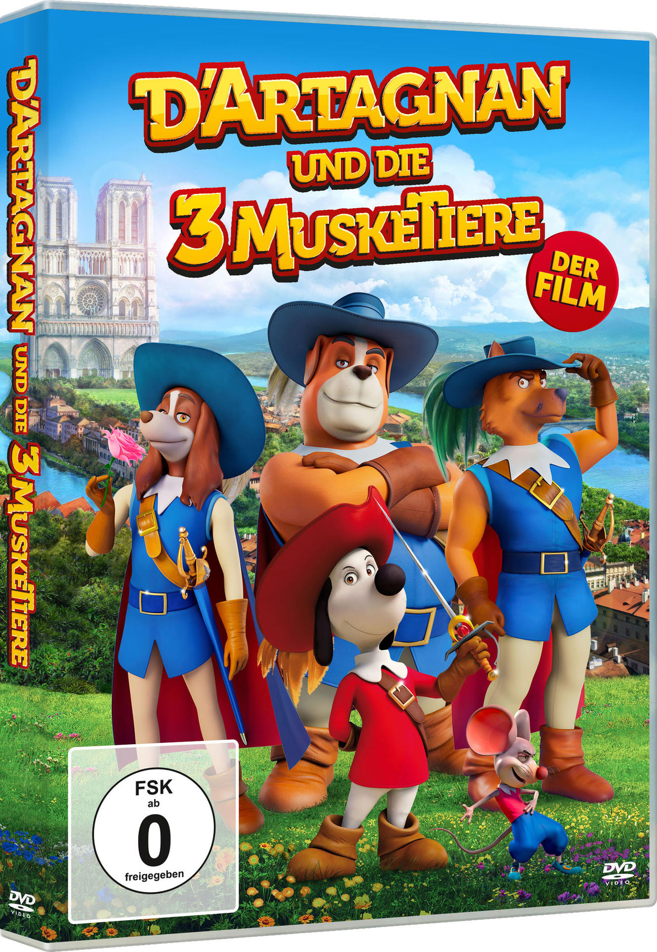 DVD-Cover eines Zeichentrickfilms: D'Artagnan und die 3 Musketiere, mit Hunden als Figuren.