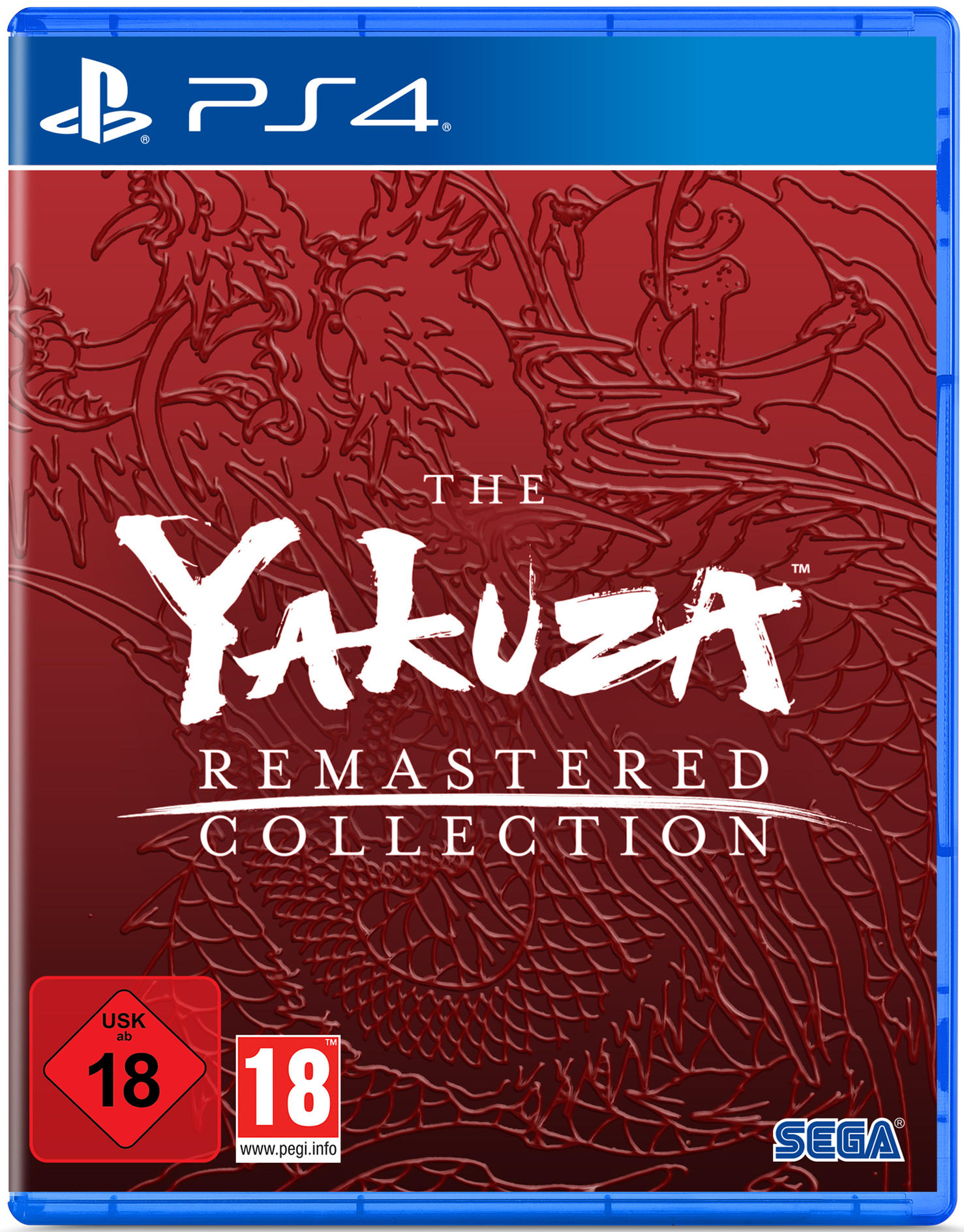 Yakuza-Spielcover: Rotes Drachendesign, weißer Titel auf blauem PS4-Spielcase.