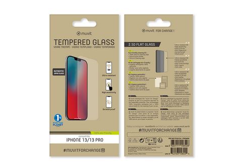 Protector pantalla  muvit MCTPG0104, Para Apple iPhone 13 y iPhone 13 Pro,  Vidrio templado, Transparente