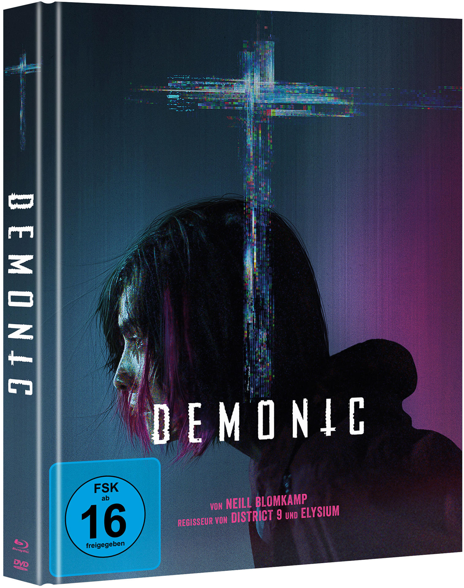 DVD-Hülle mit dem Filmtitel "Demonic". Dunkler Hintergrund mit einem Gesicht. FSK 16-Bewertung.
