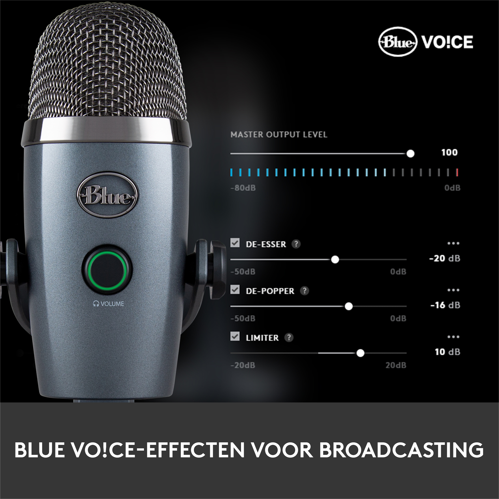 A Blue Yeti microphone with controls and settings displayed.