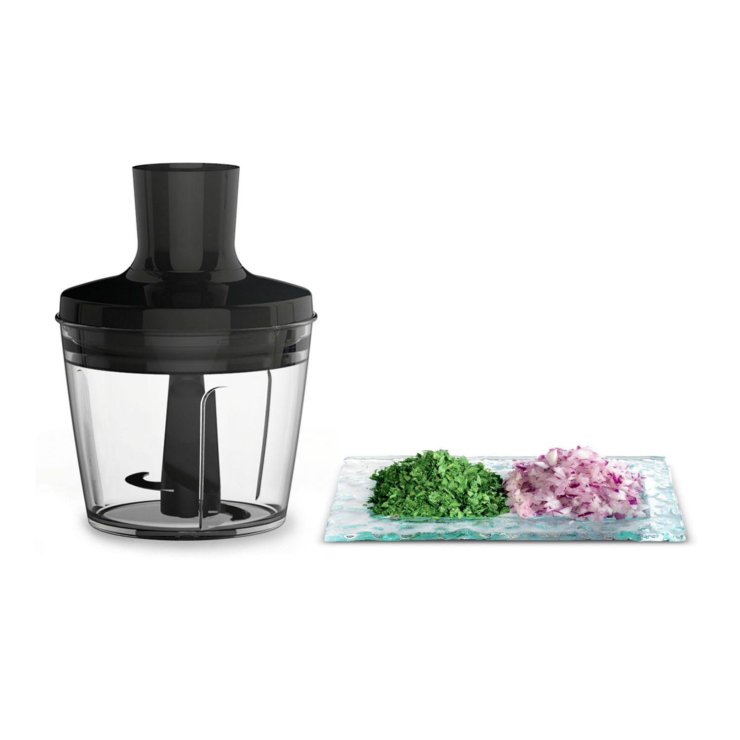 Un frullatore con un contenitore trasparente, con ingredienti verdi e rossi tritati.