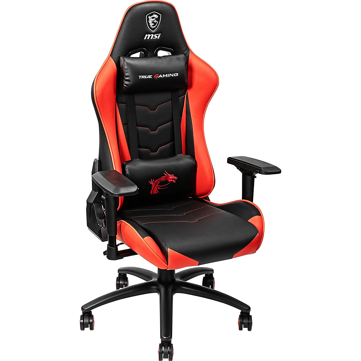 Silla gaming MSI roja y negra, con logotipo. Fondo blanco.