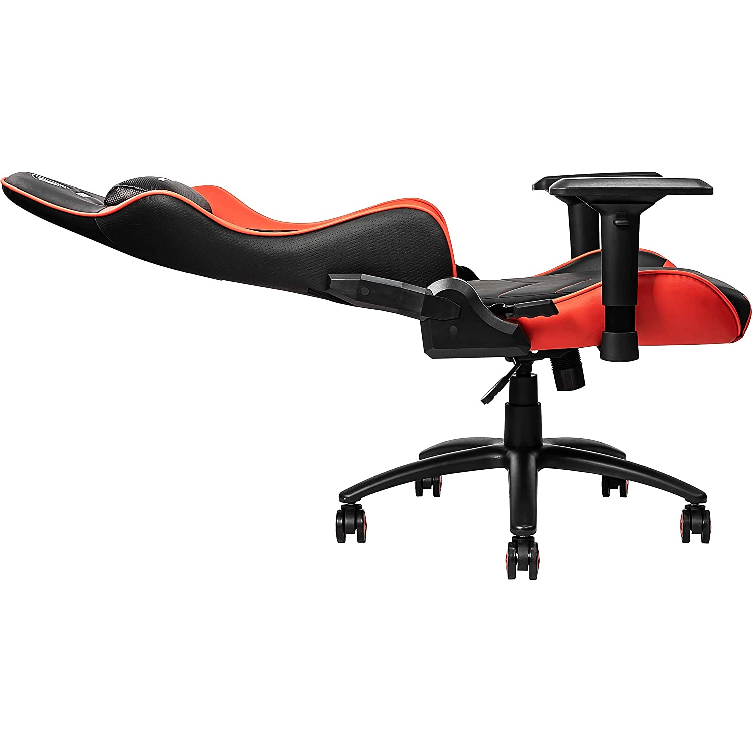 Una silla gamer roja y negra, reclinada. Reposabrazos y ruedas negros visibles.