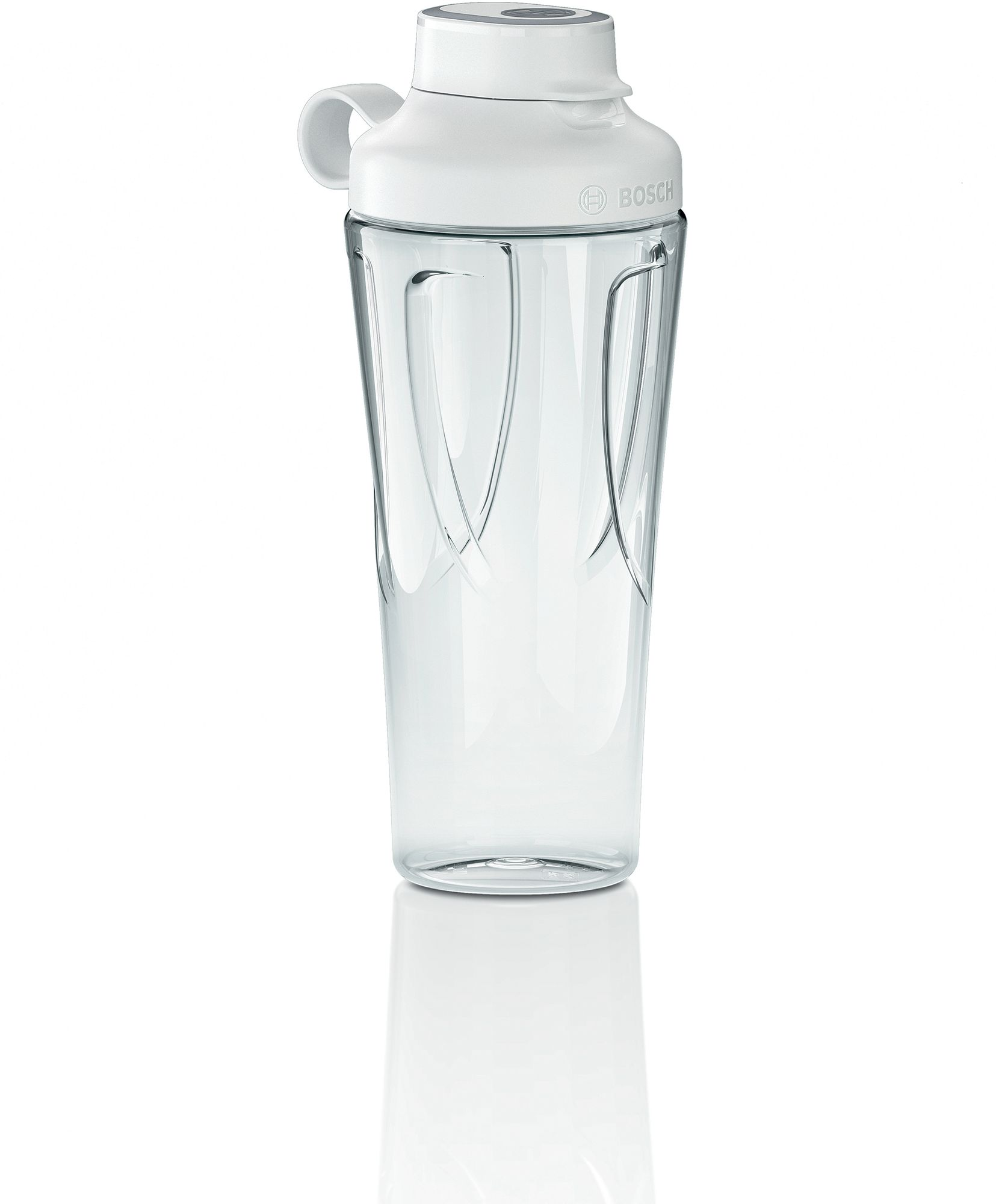 Átlátszó műanyag Bosch shaker fehér fedéllel és fogantyúval.