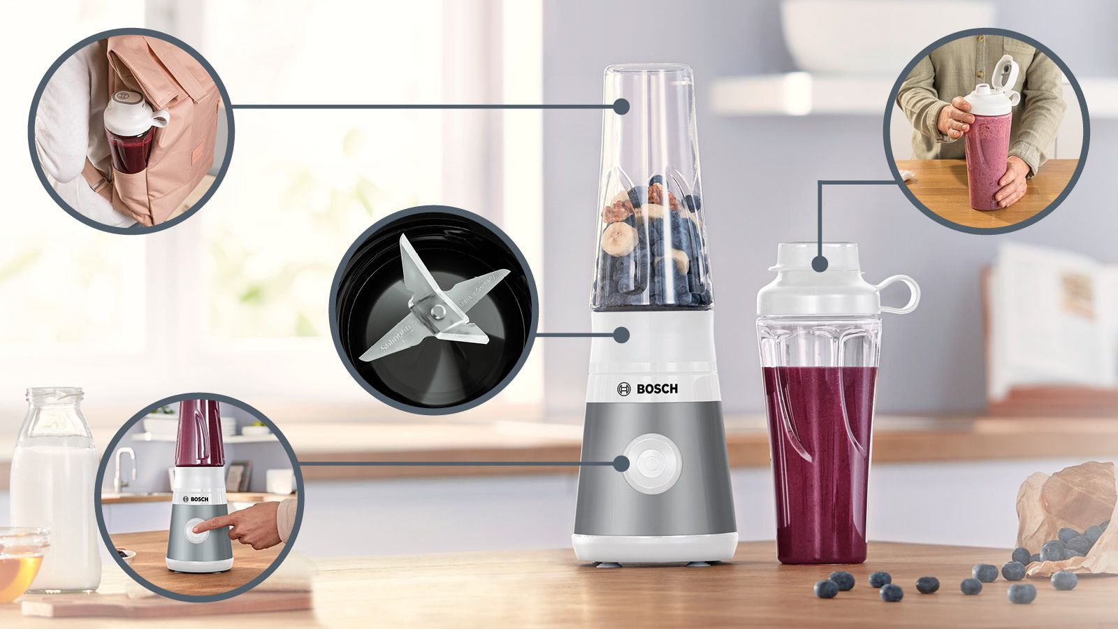 Turmixgép hozzávalókkal és smoothie-val, mellette egy palack és egy személy, aki tartja.