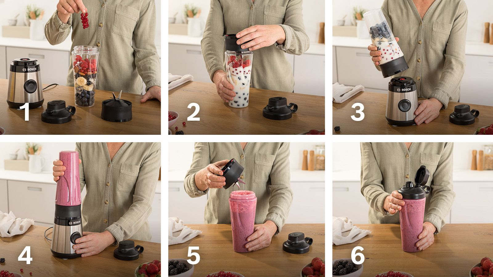 Hat kép sorozata, amelyen egy nő turmixgéppel készít smoothiet.