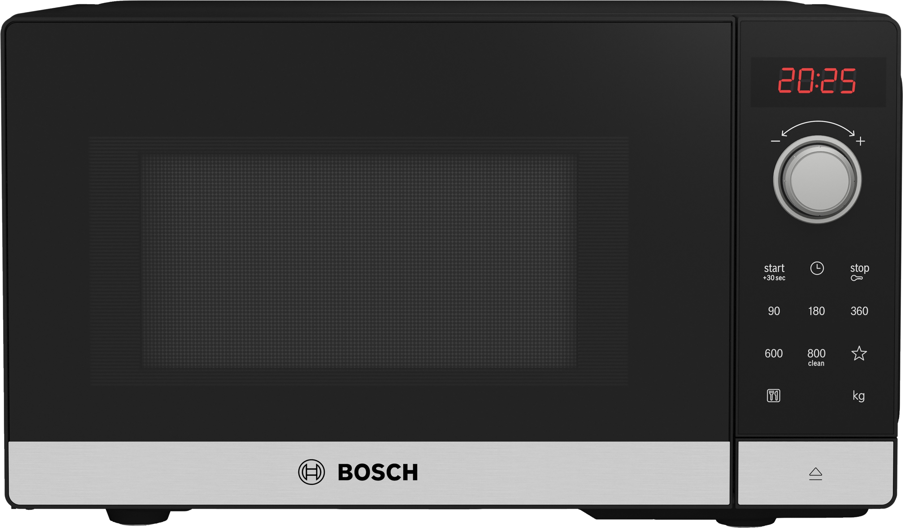 Schwarze Mikrowelle mit silbernem Boden, digitale Anzeige zeigt Zeit.