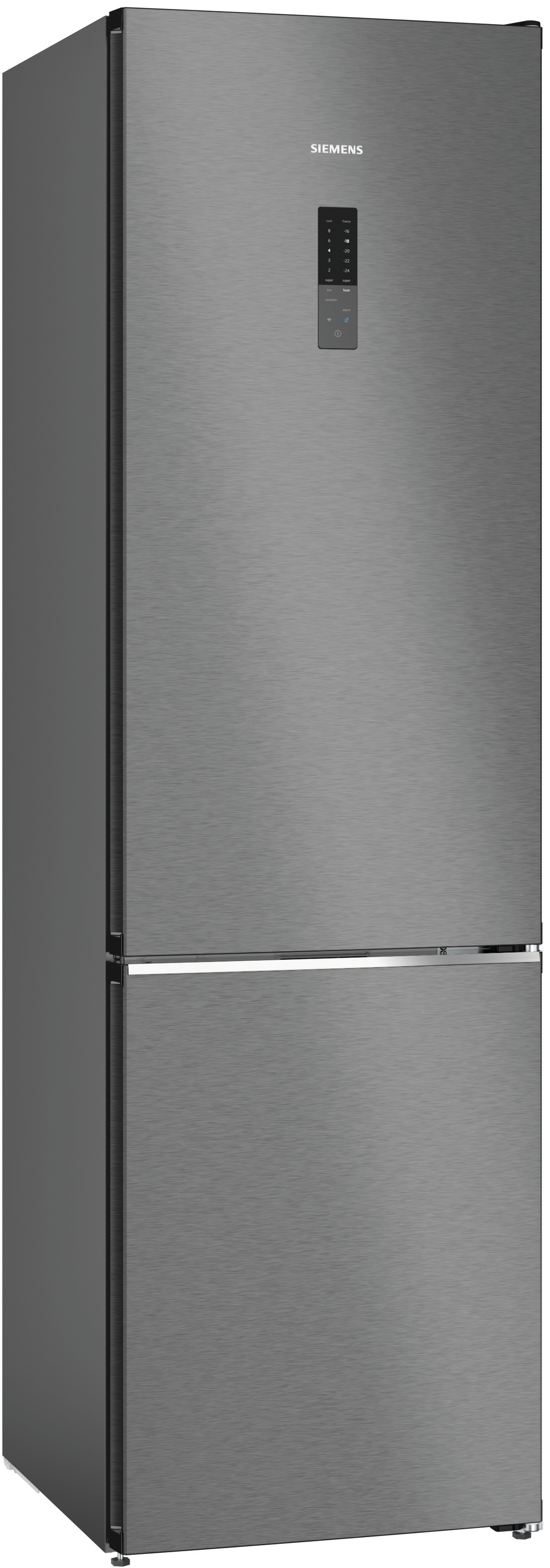 Grauer Siemens-Kühlschrank. Verfügt über ein digitales Display und ein schlankes, vertikales Design.