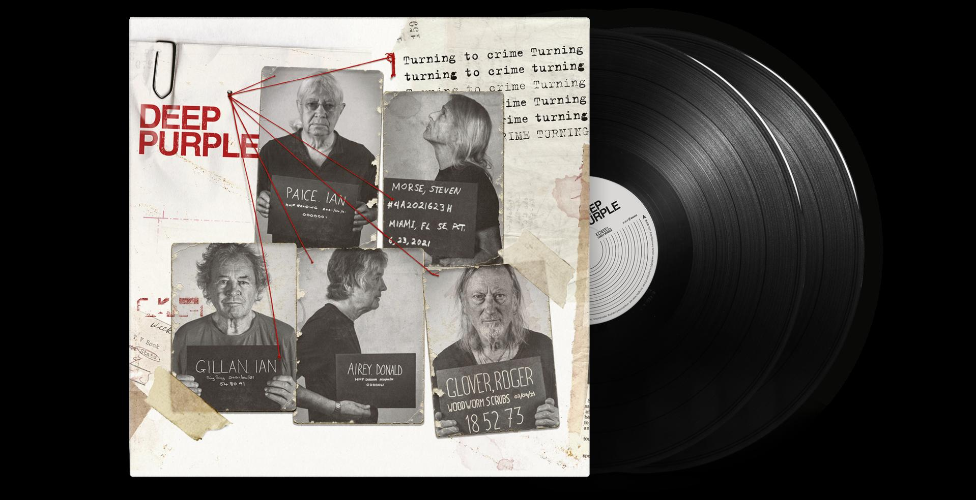Pochette de l'album Deep Purple avec photos d'identité des membres et un vinyle.