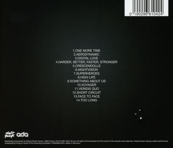 Die Rückseite eines Daft Punk Albums mit den Titeln der Tracks.