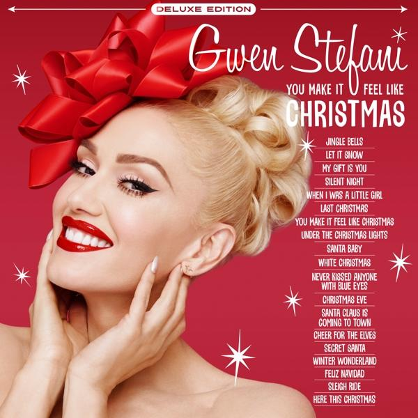 Gwen Stefani albumhoes, You Make It Feel Like Christmas, met haar gezicht en kerstverlichting.
