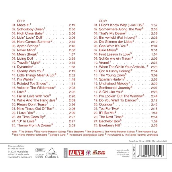 CD-Cover mit Titellisten. Text auf weißem Hintergrund. Musikbezogene Inhalte.